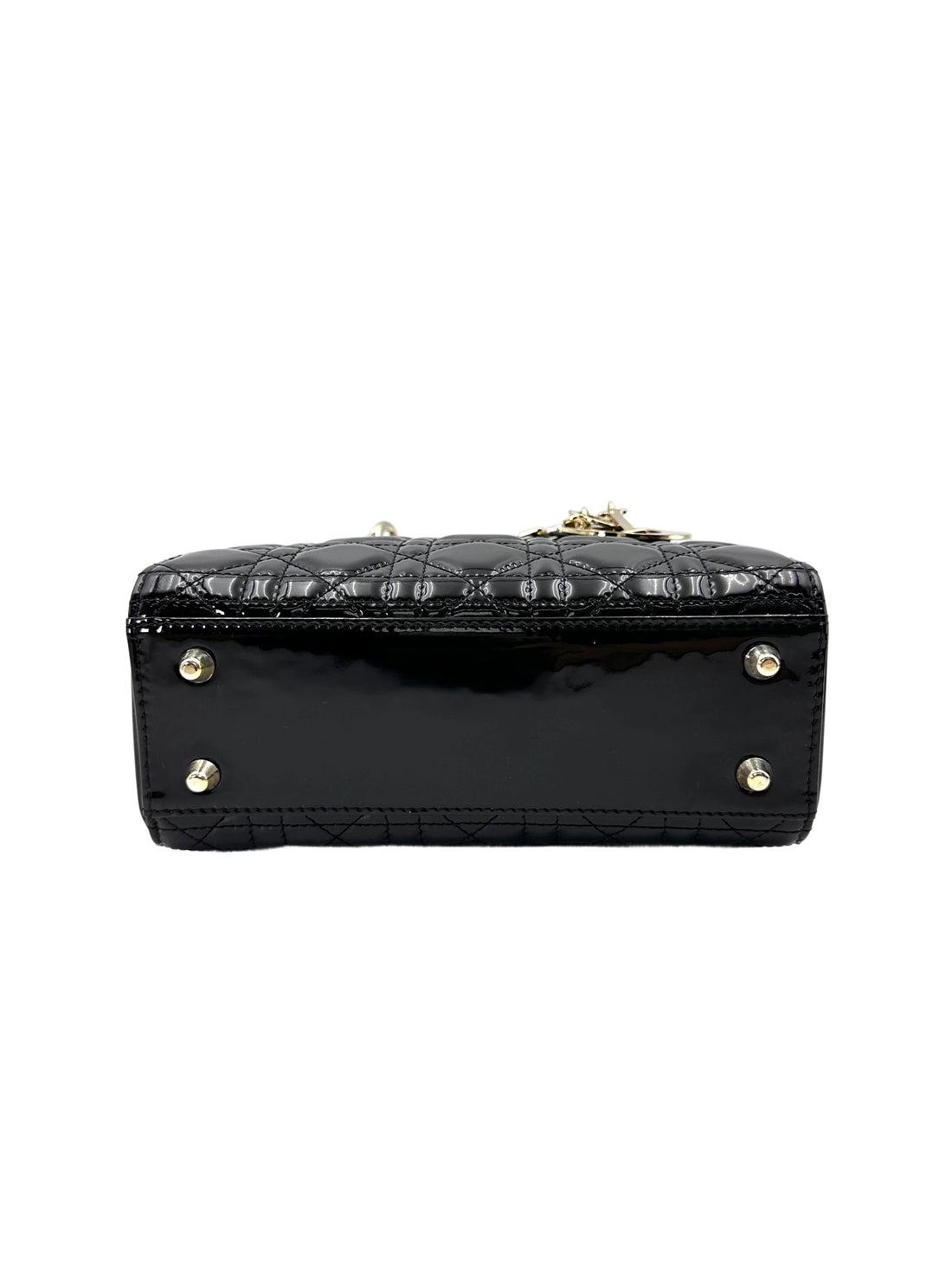 Christian Dior Lady Dior Black Cannage Patent Leather Handle Bag With Gold Charms DR722
