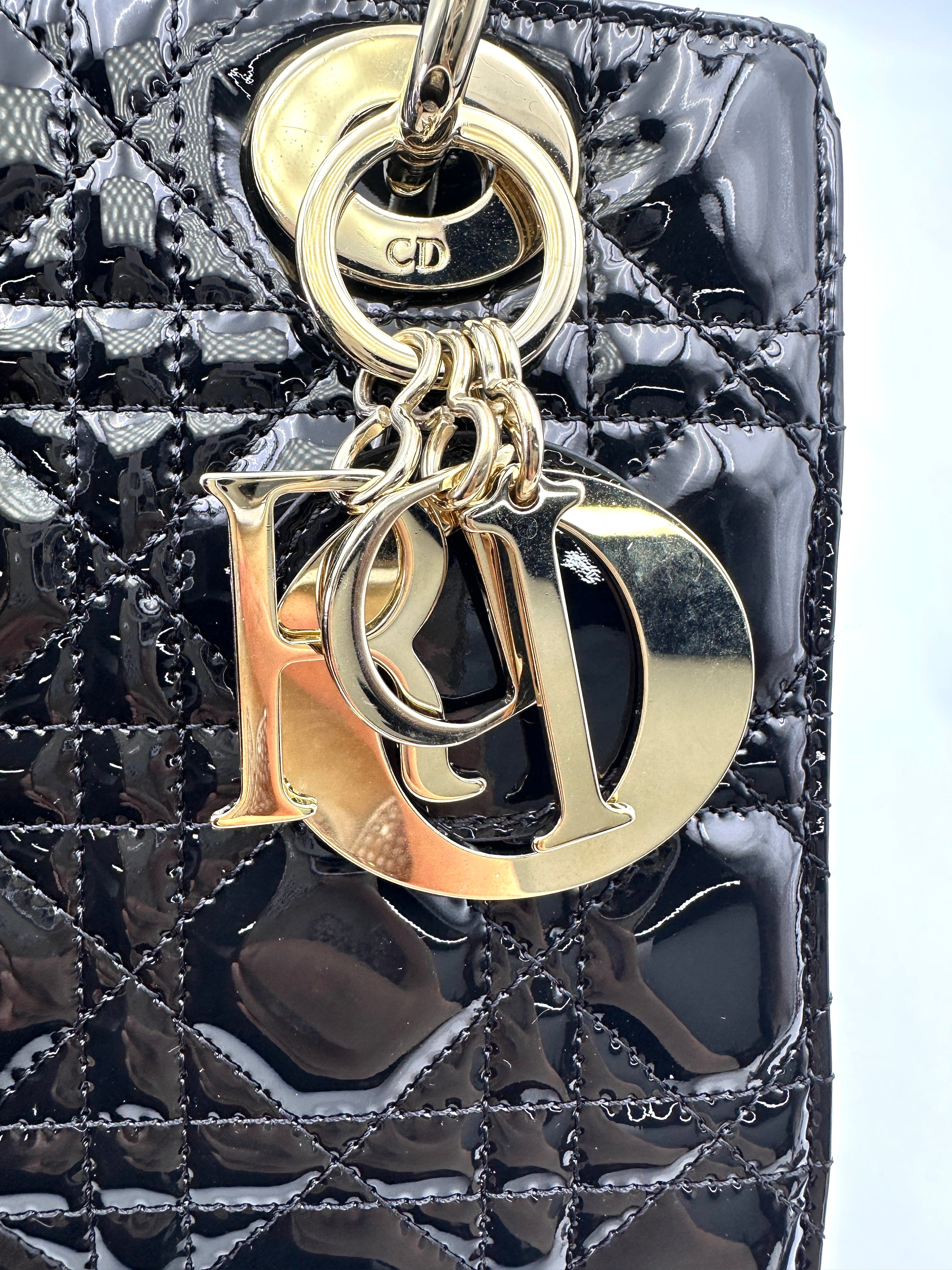 Christian Dior Lady Dior Black Cannage Patent Leather Handle Bag With Gold Charms DR722