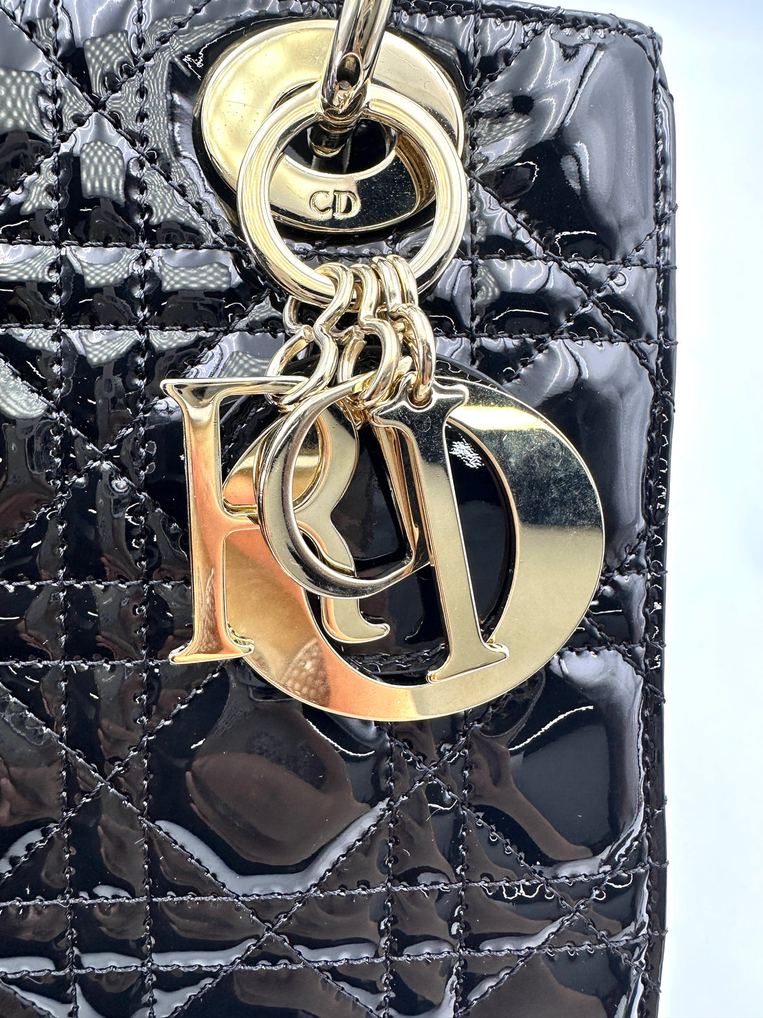 Christian Dior Lady Dior Black Cannage Patent Leather Handle Bag With Gold Charms DR722