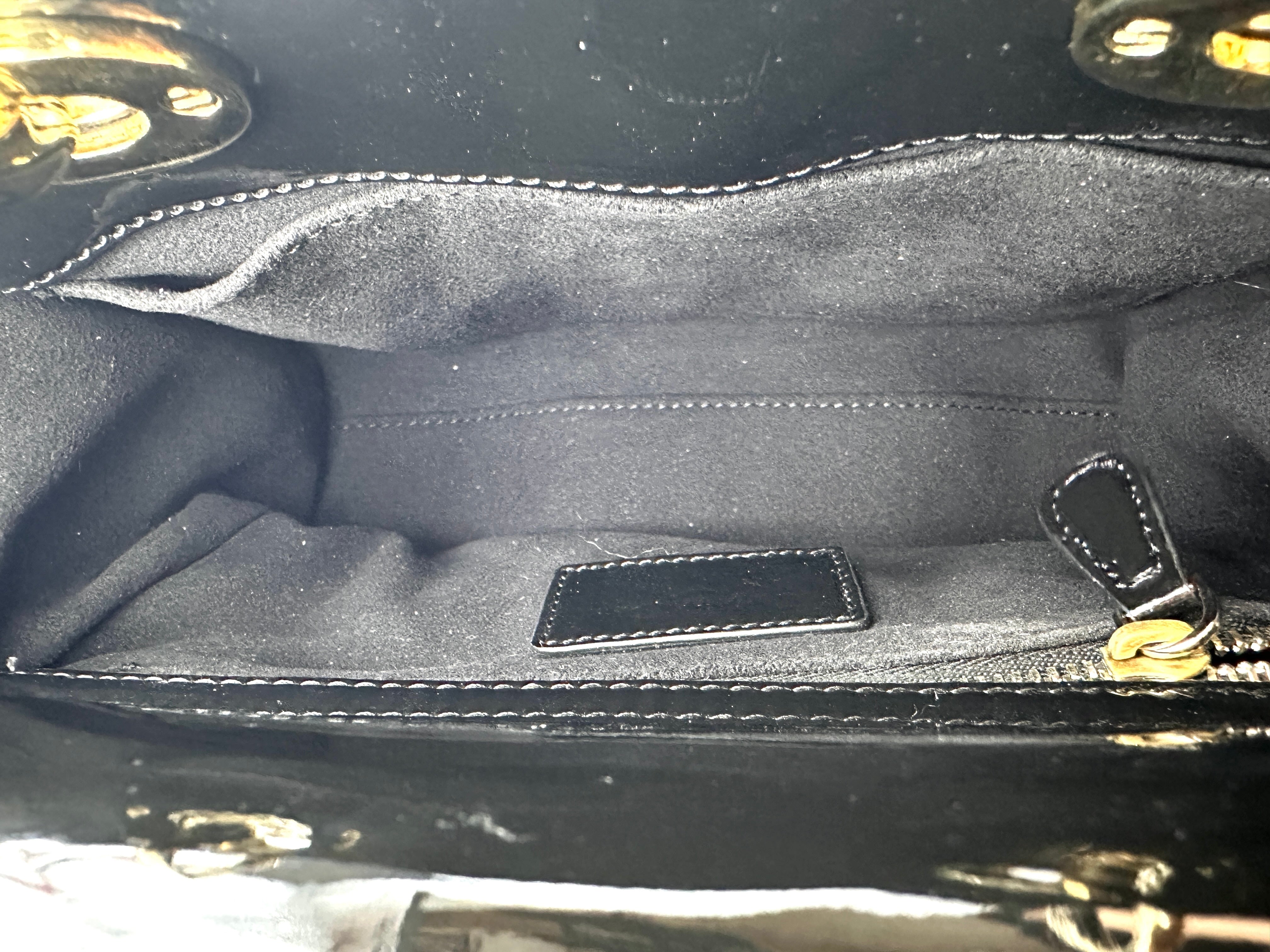 Christian Dior Lady Dior Black Cannage Patent Leather Handle Bag With Gold Charms DR722