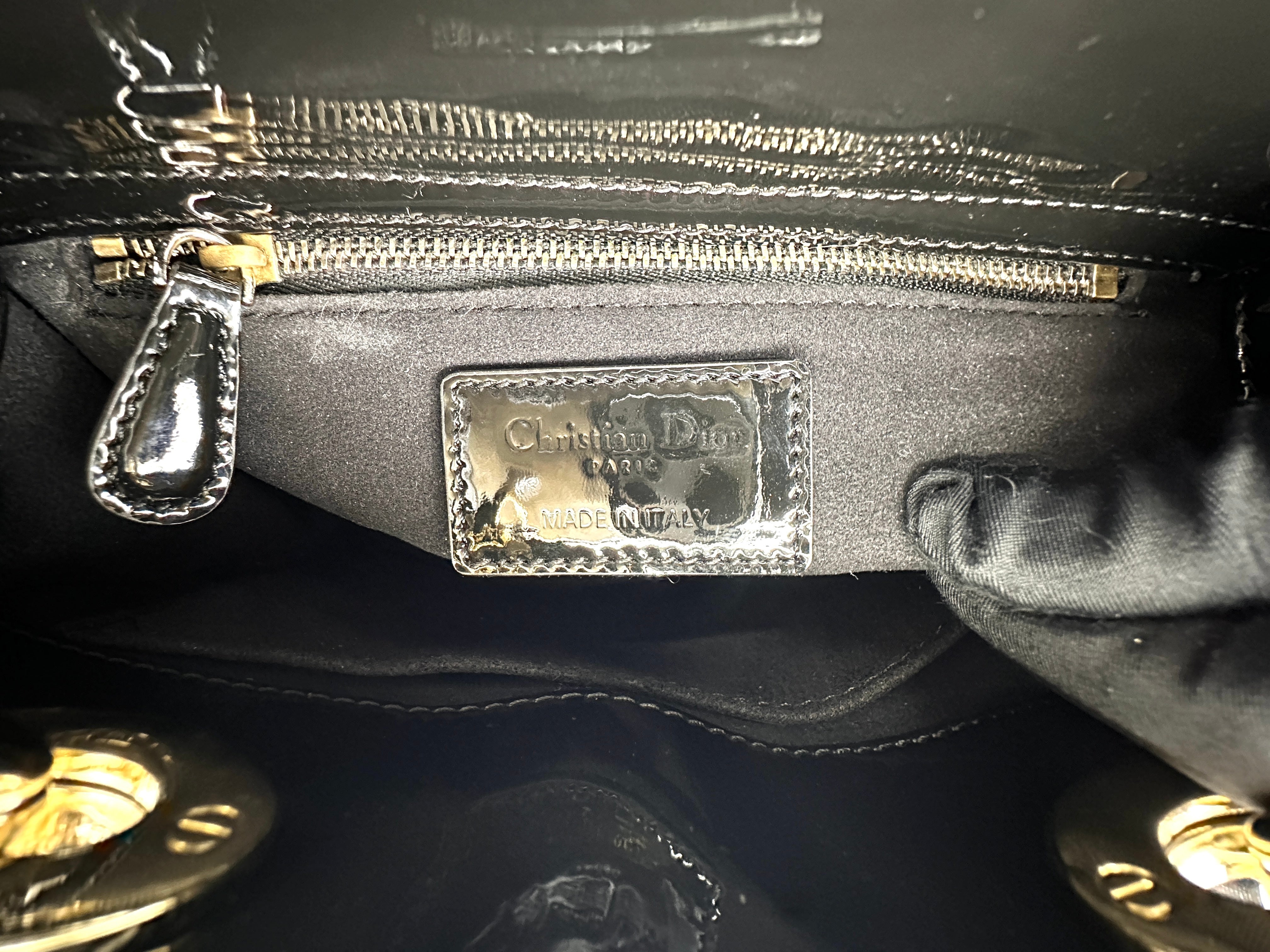 Christian Dior Lady Dior Black Cannage Patent Leather Handle Bag With Gold Charms DR722