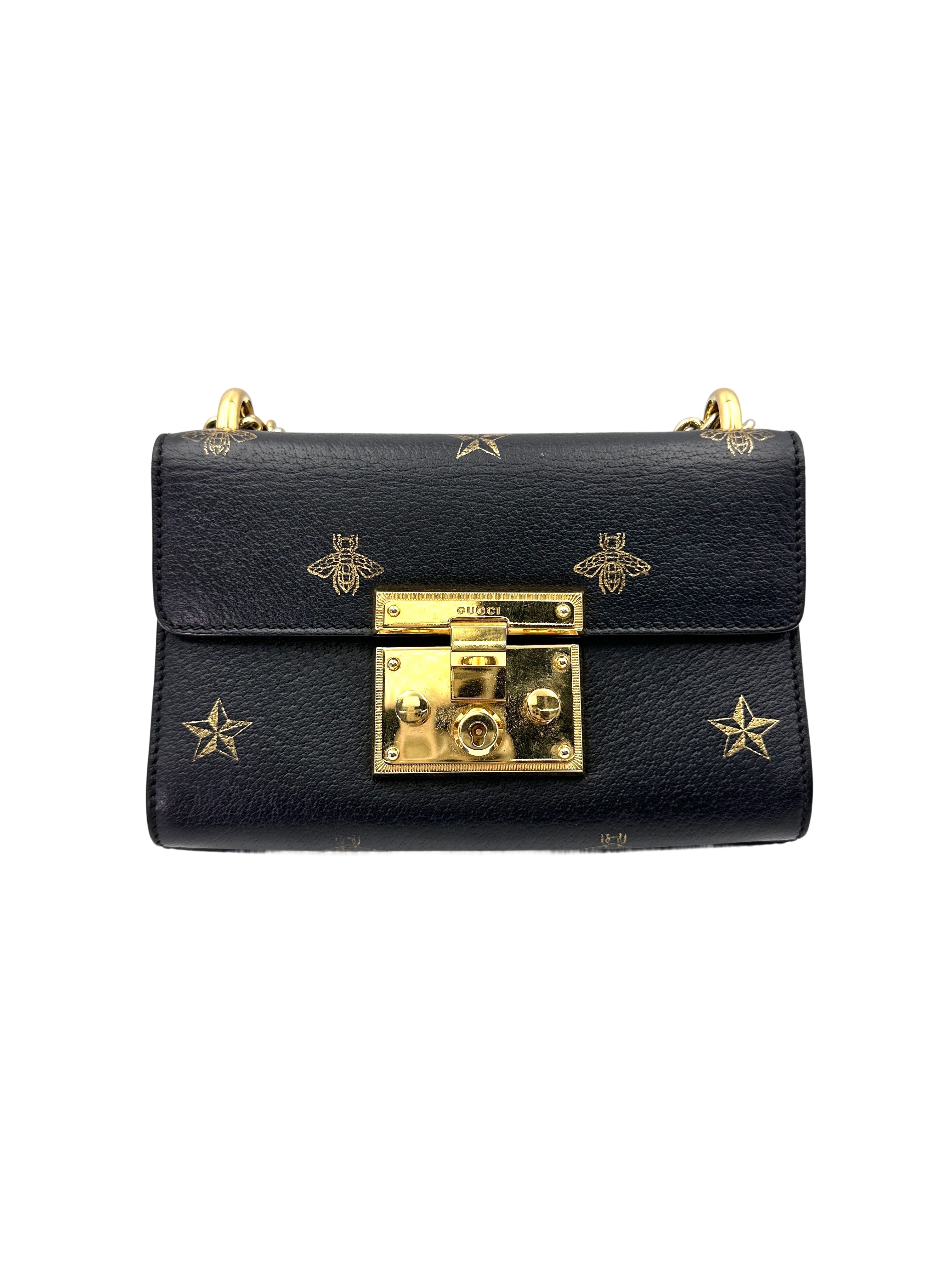 Gucci Padlock Bee Star Black Leather Shoulder Bag GG935