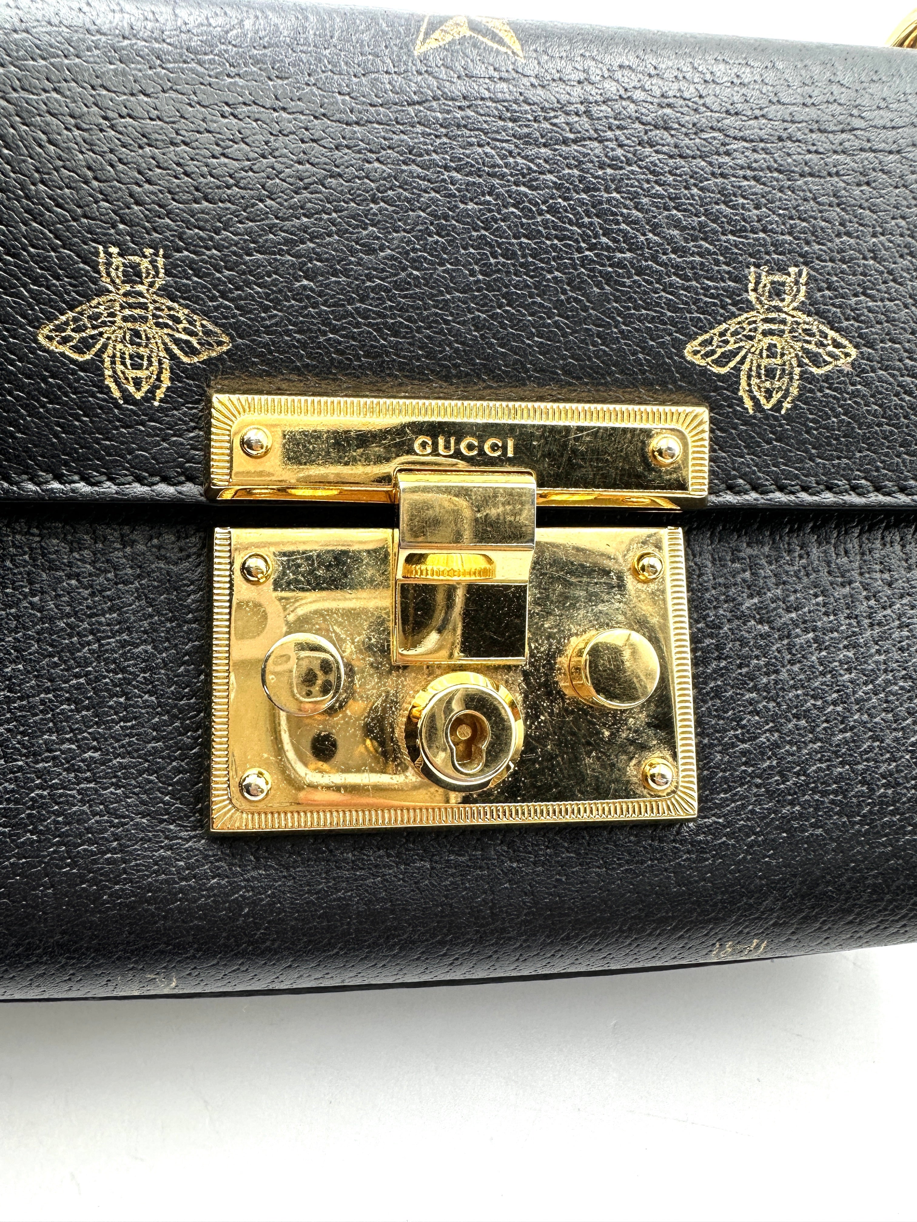 Gucci Padlock Bee Star Black Leather Shoulder Bag GG935