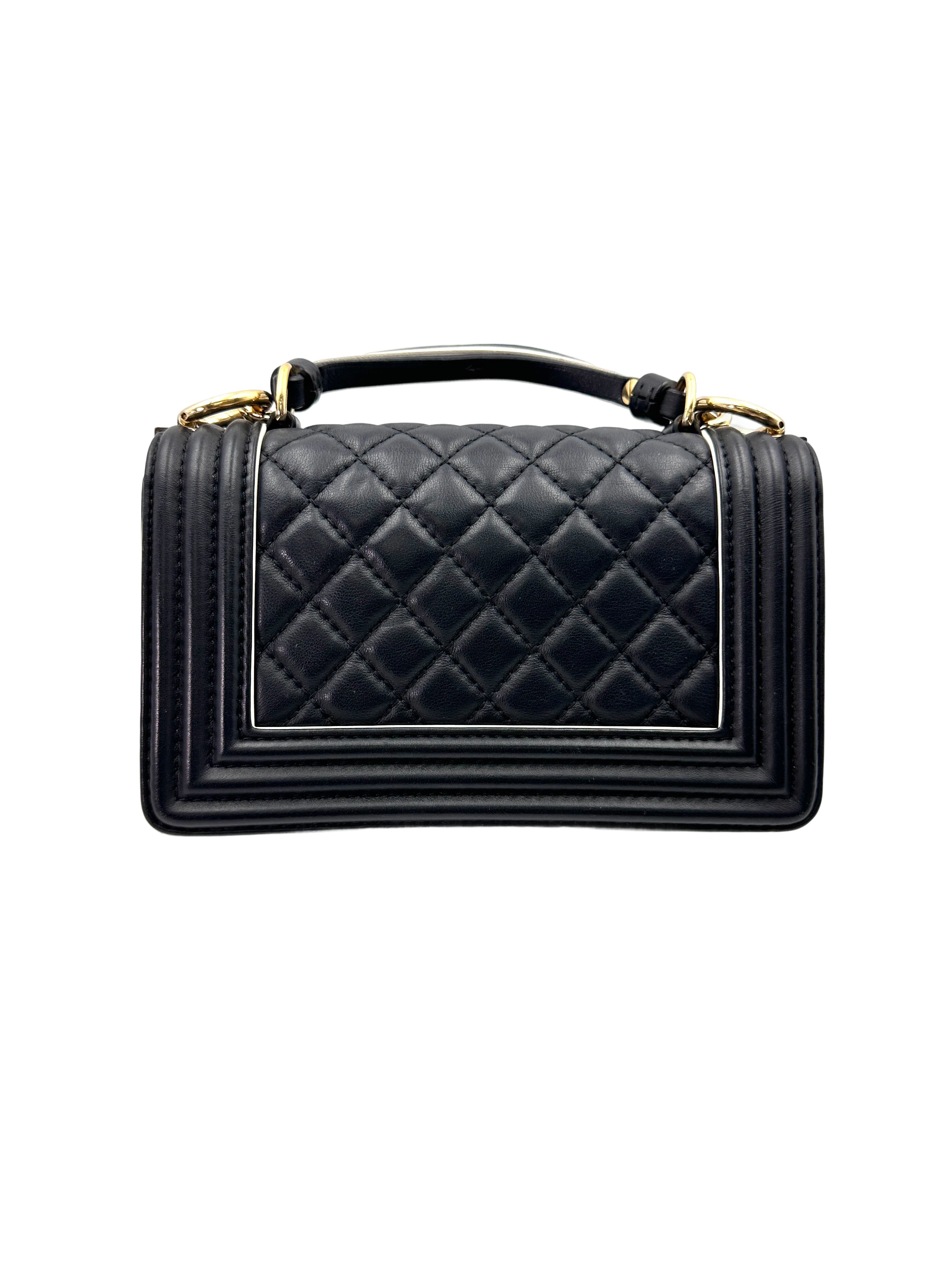 Chanel LeBoy Black Quilted Leather Small Size Top Handle Flap Bag With Gold Buckle(27***10) CC1913