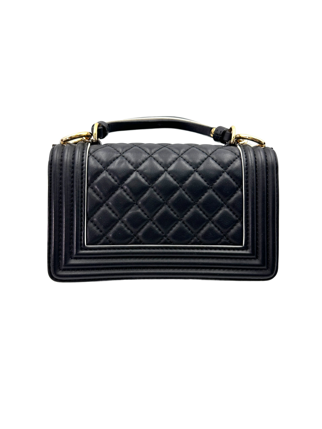 Chanel LeBoy Black Quilted Leather Small Size Top Handle Flap Bag With Gold Buckle(27***10) CC1913