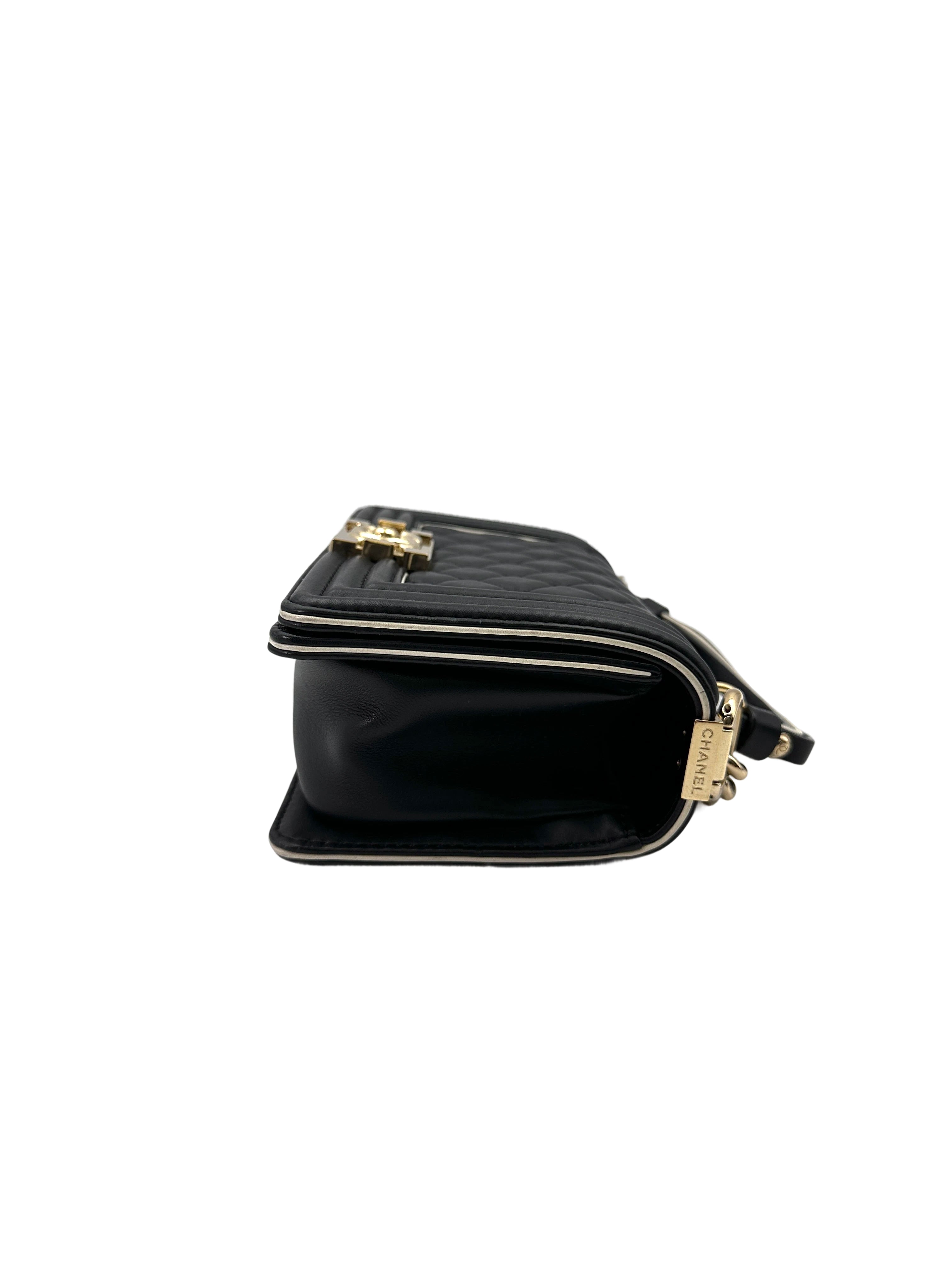 Chanel LeBoy Black Quilted Leather Small Size Top Handle Flap Bag With Gold Buckle(27***10) CC1913