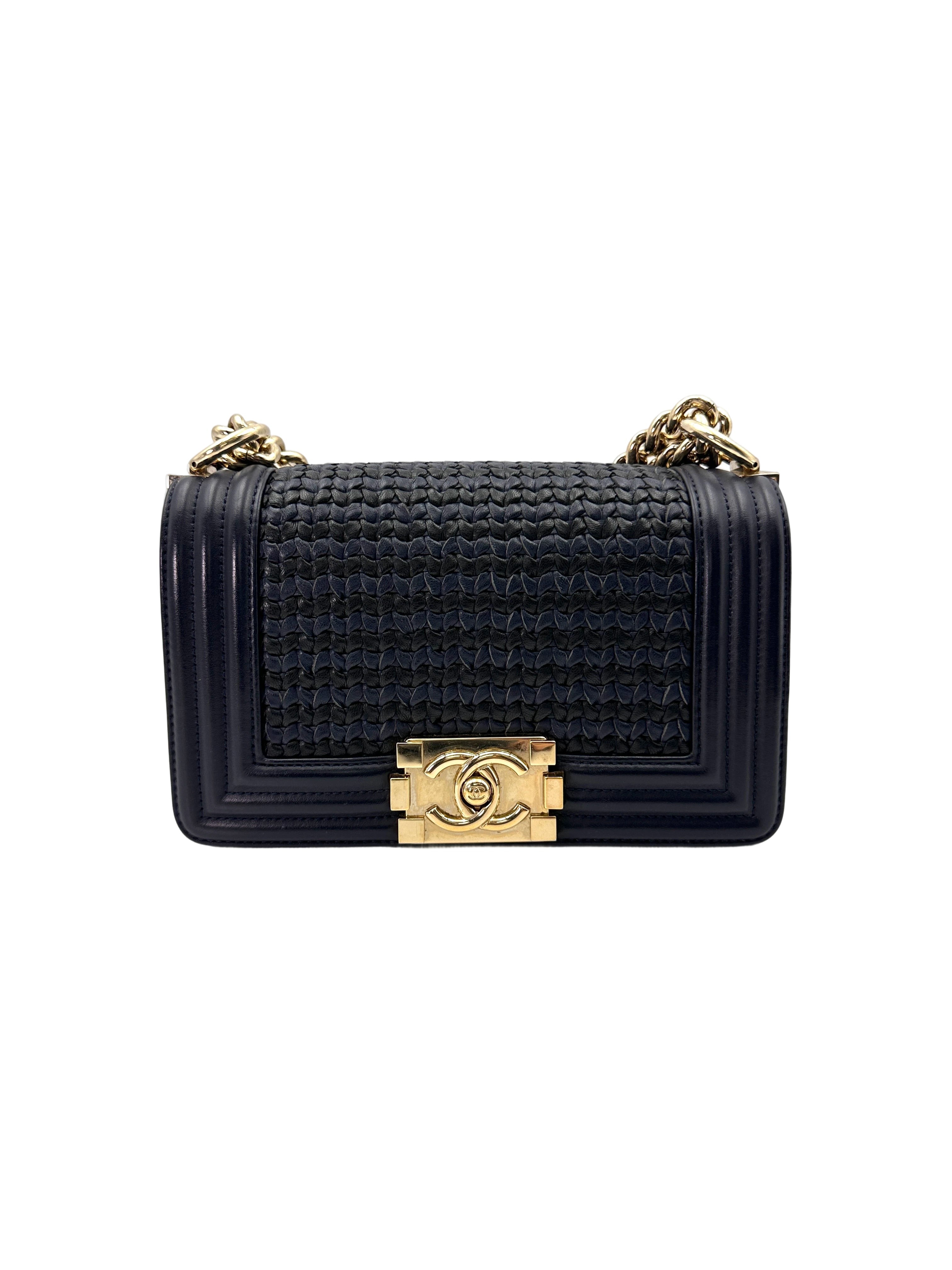 Chanel LeBoy Navy Braided Woven Leather Small Size Flap Bag With Gold Buckle(26***04) CC1919