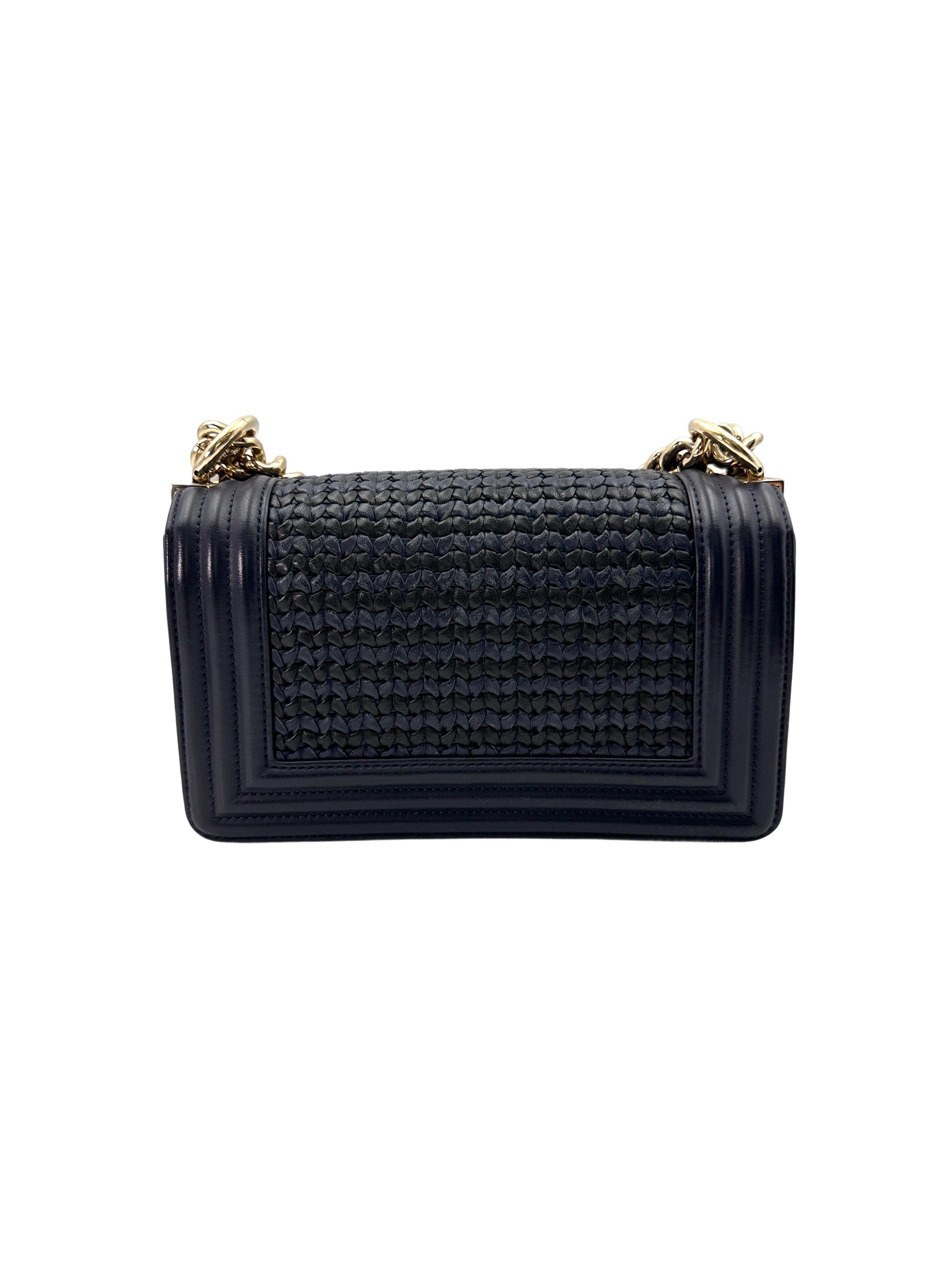 Chanel LeBoy Navy Braided Woven Leather Small Size Flap Bag With Gold Buckle(26***04) CC1919