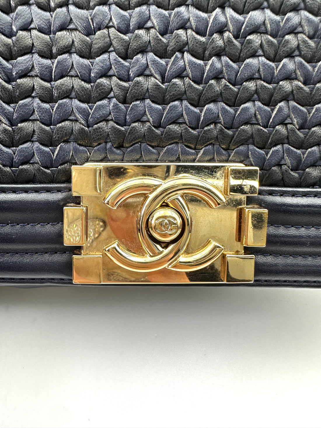 Chanel LeBoy Navy Braided Woven Leather Small Size Flap Bag With Gold Buckle(26***04) CC1919