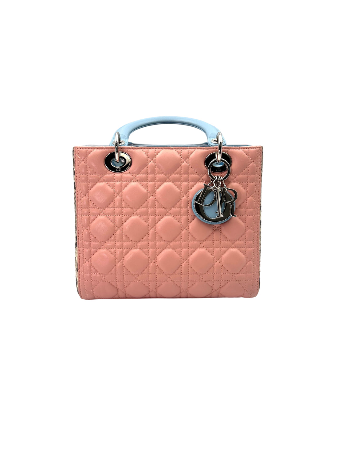 Christian Dior Lady Dior Pink Cannage Leather Blue Handle Bag With Silver Buckle DR723