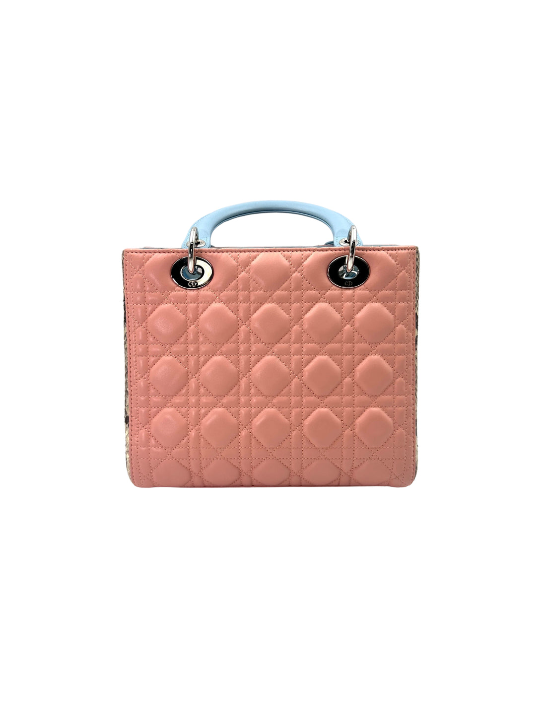 Christian Dior Lady Dior Pink Cannage Leather Blue Handle Bag With Silver Buckle DR723