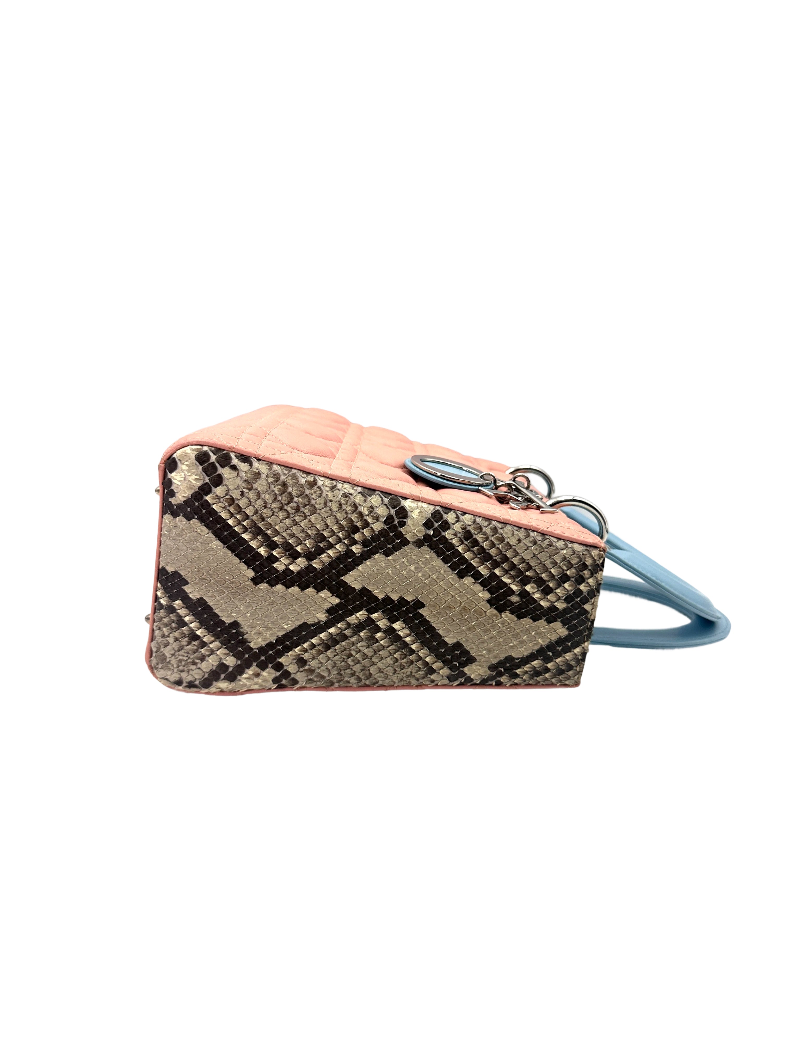 Christian Dior Lady Dior Pink Cannage Leather Blue Handle Bag With Silver Buckle DR723