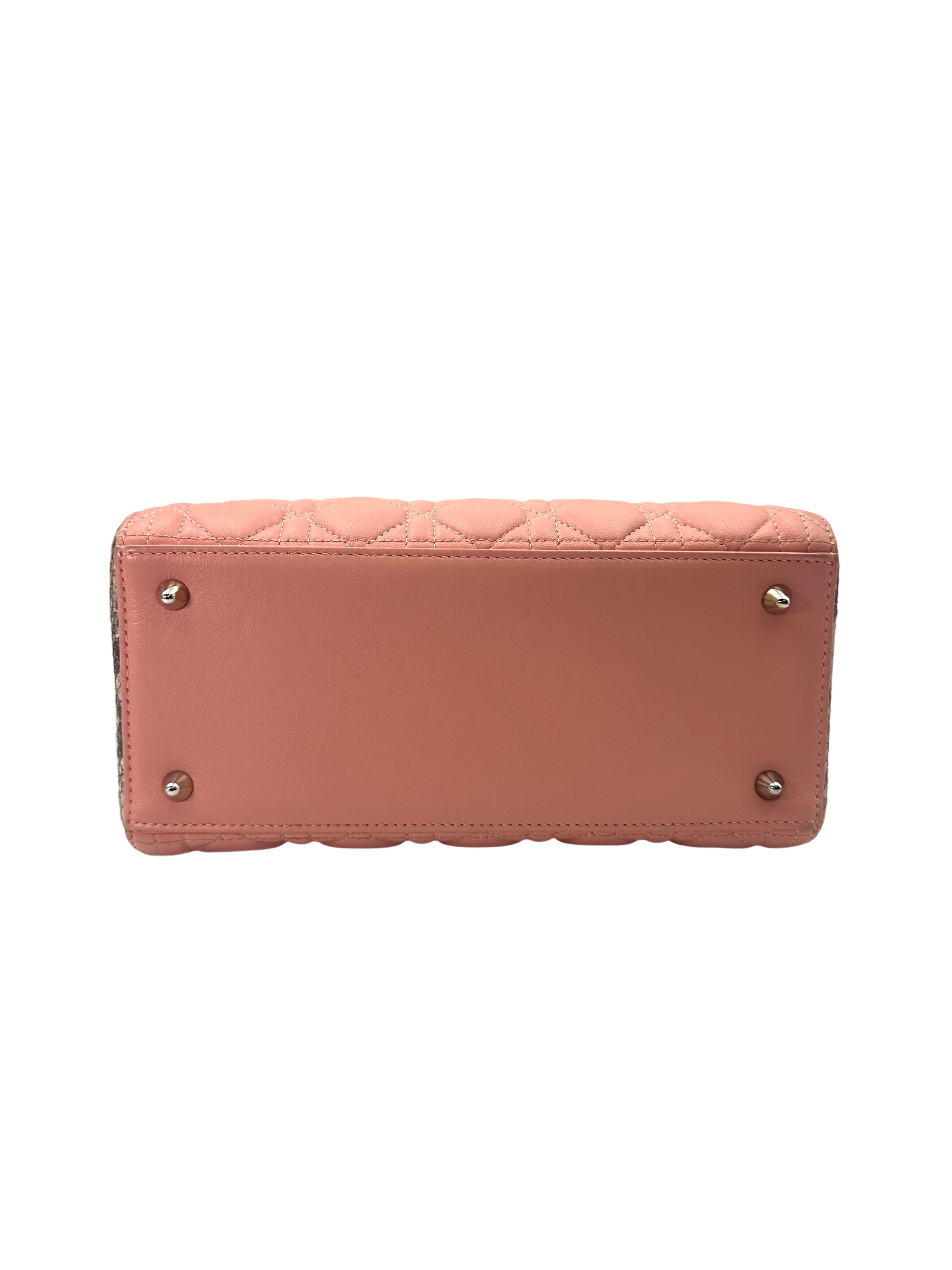Christian Dior Lady Dior Pink Cannage Leather Blue Handle Bag With Silver Buckle DR723