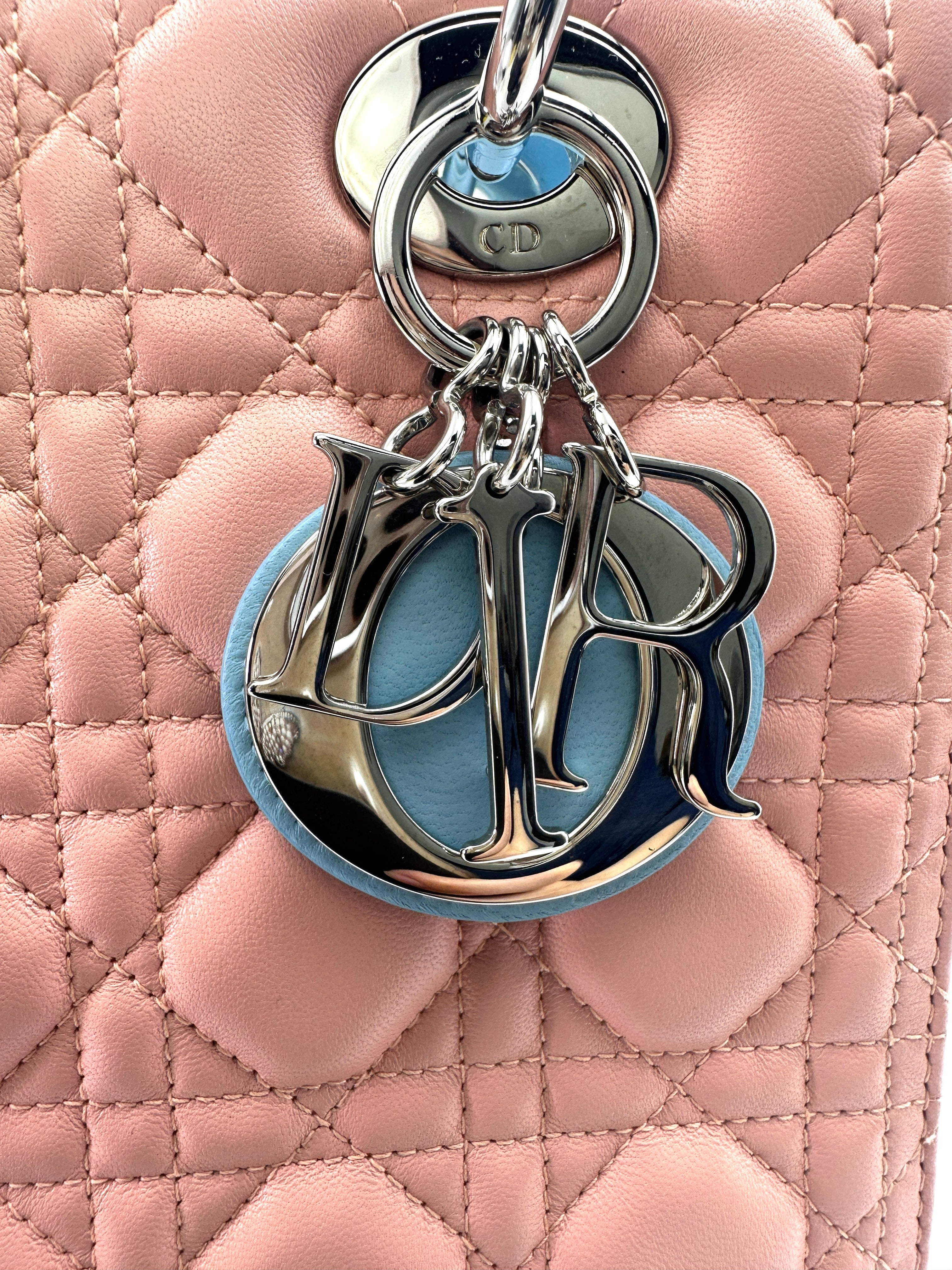 Christian Dior Lady Dior Pink Cannage Leather Blue Handle Bag With Silver Buckle DR723