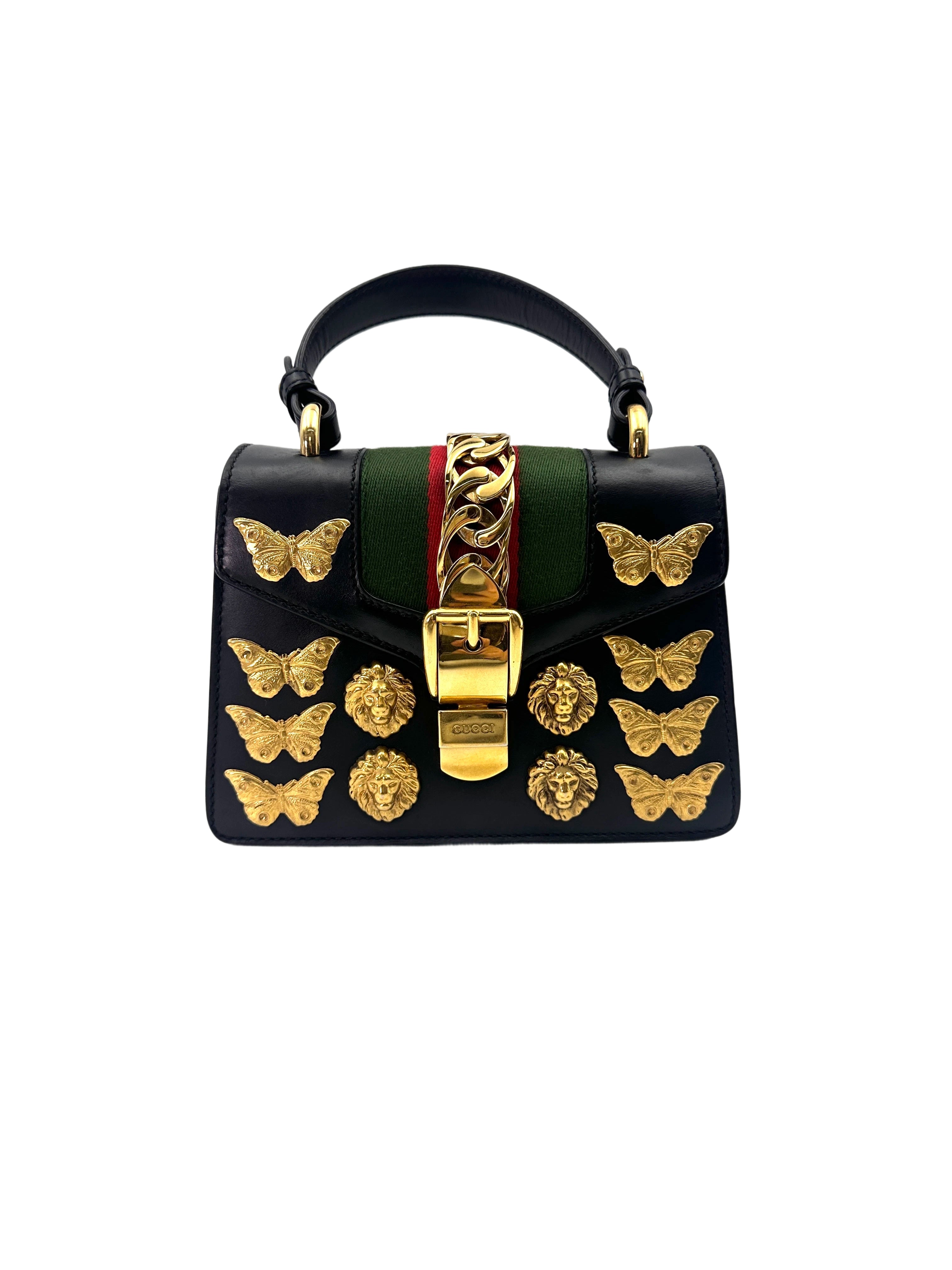 Gucci Sylvie Black Leather Small Size Shoulder Bag With Gold Butterfly & Lion Head Hardware GG955