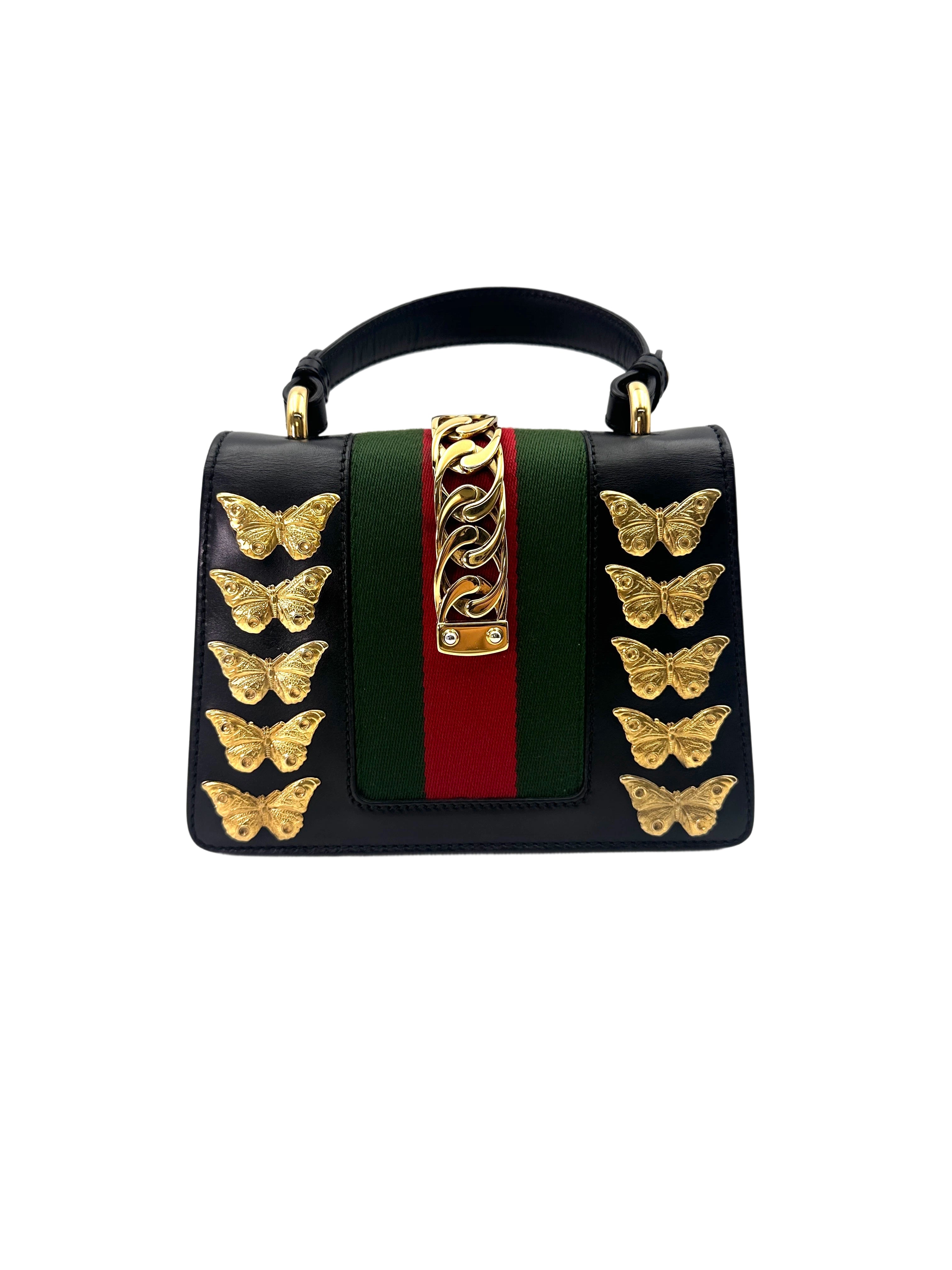Gucci Sylvie Black Leather Small Size Shoulder Bag With Gold Butterfly & Lion Head Hardware GG955