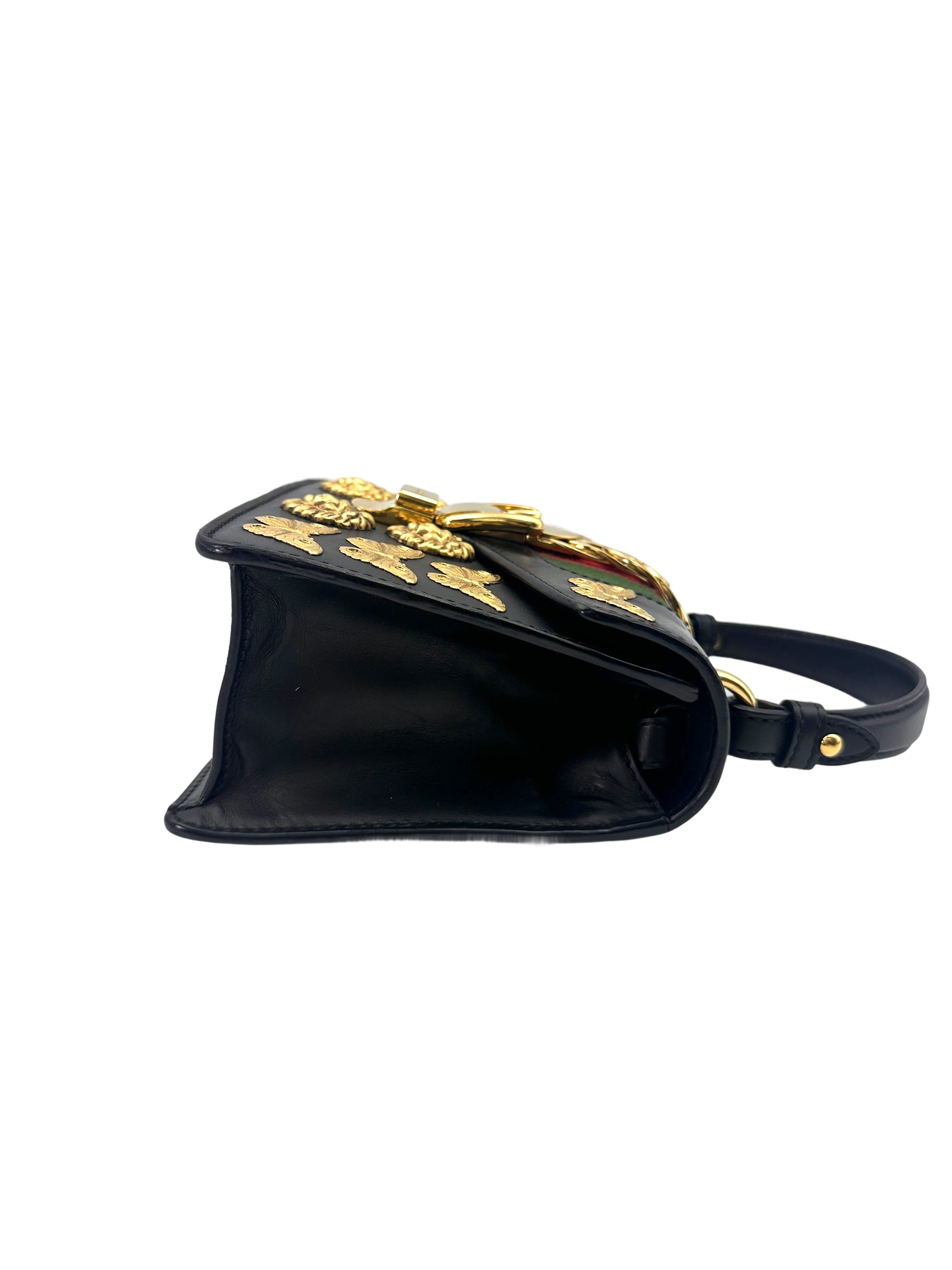 Gucci Sylvie Black Leather Small Size Shoulder Bag With Gold Butterfly & Lion Head Hardware GG955