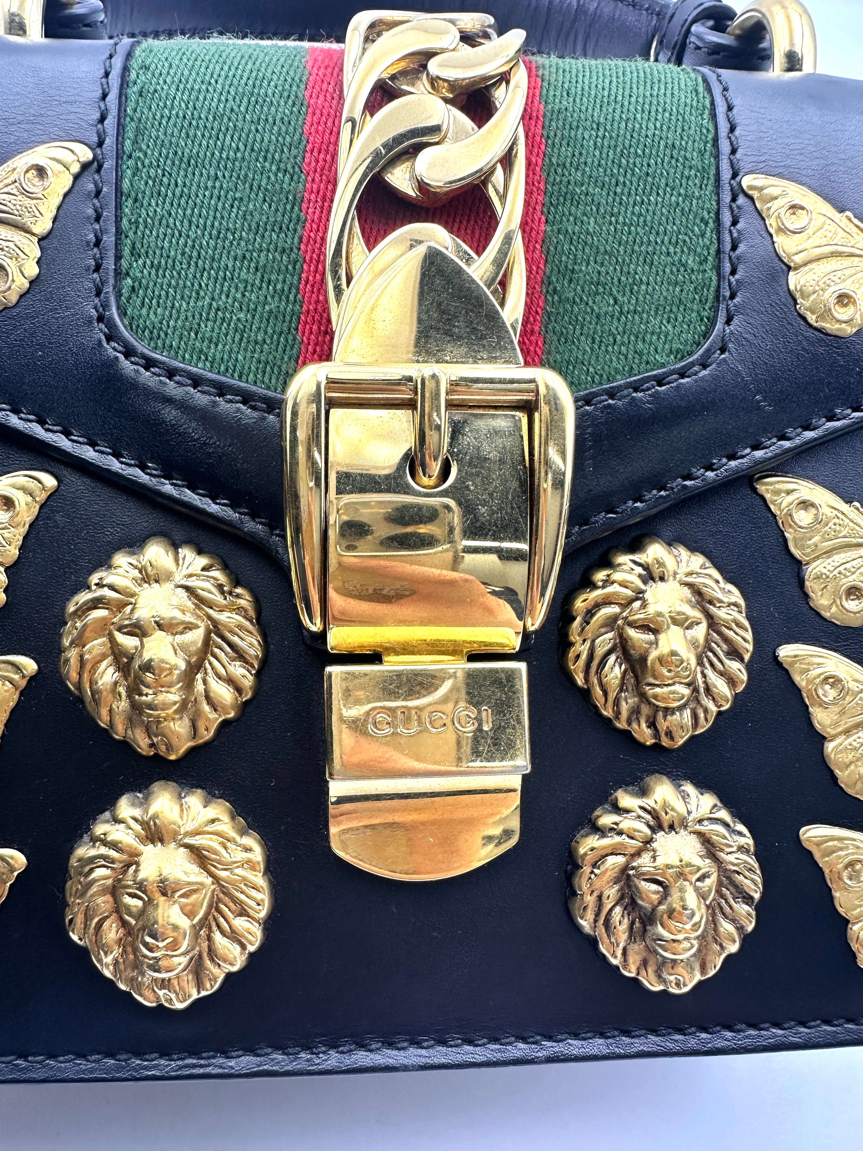 Gucci Sylvie Black Leather Small Size Shoulder Bag With Gold Butterfly & Lion Head Hardware GG955