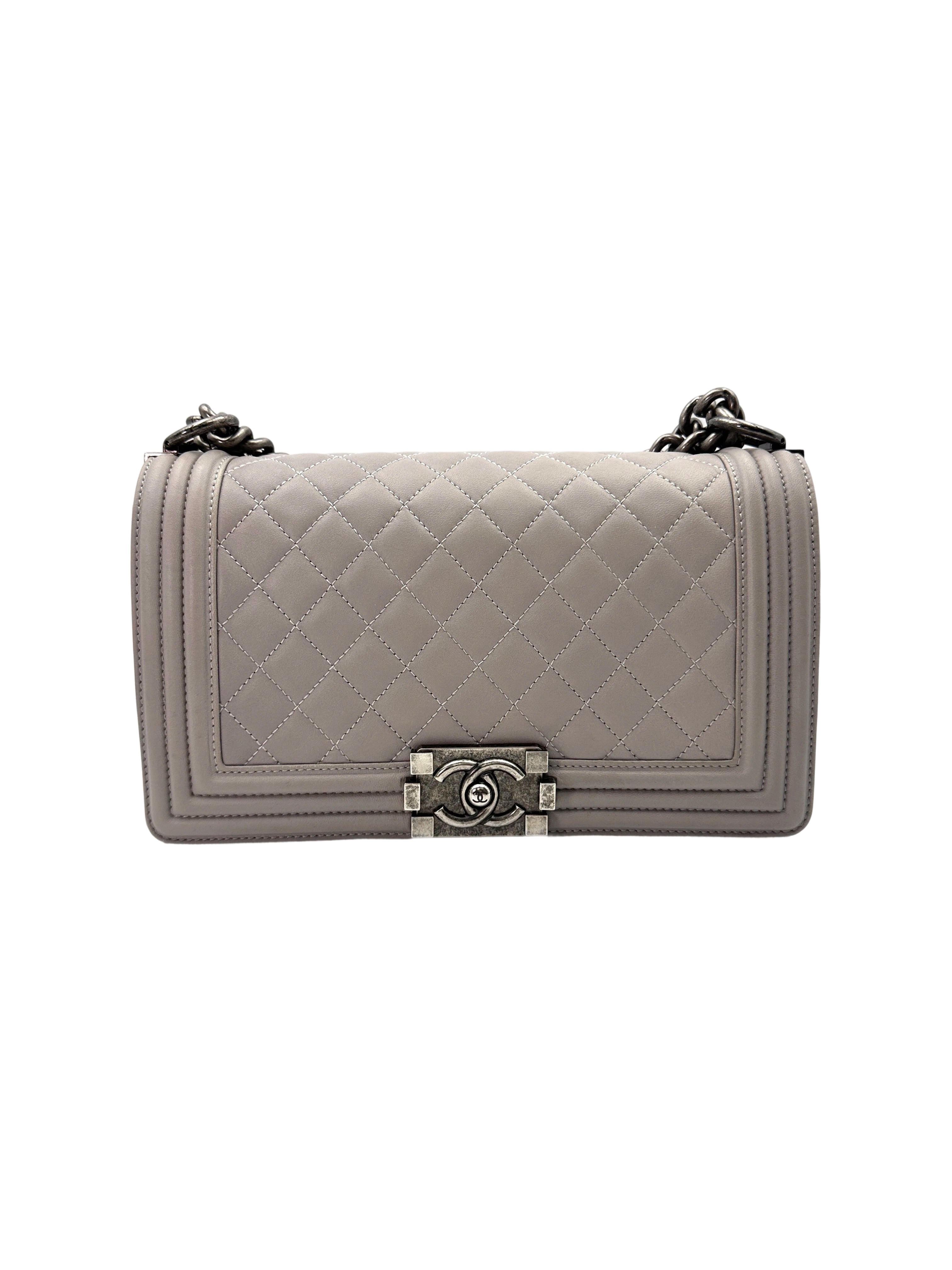 Chanel LeBoy Grey Quilted Leather Medium Size Flap Bag With Silver Buckle(18***23) CC1922