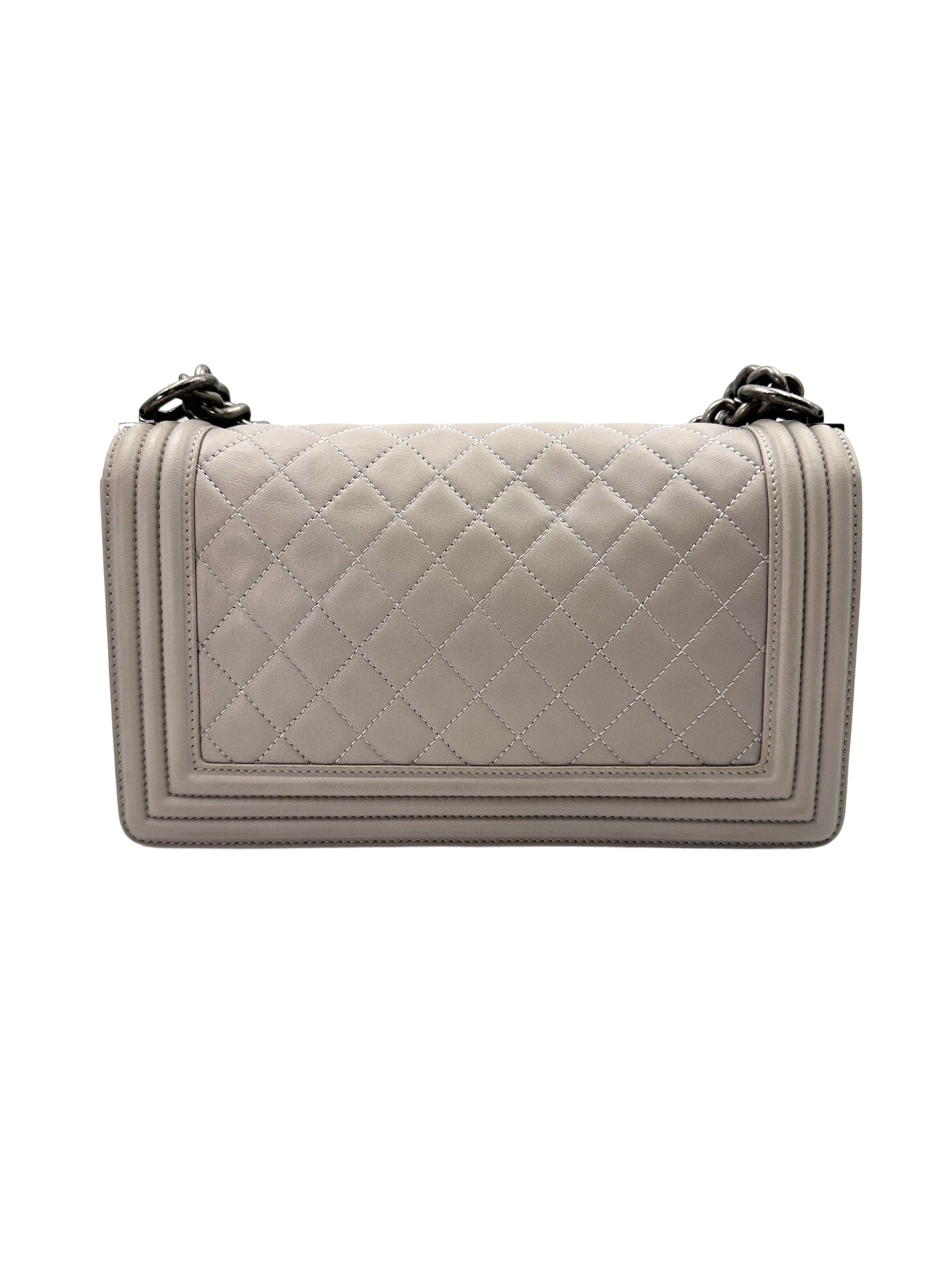 Chanel LeBoy Grey Quilted Leather Medium Size Flap Bag With Silver Buckle(18***23) CC1922