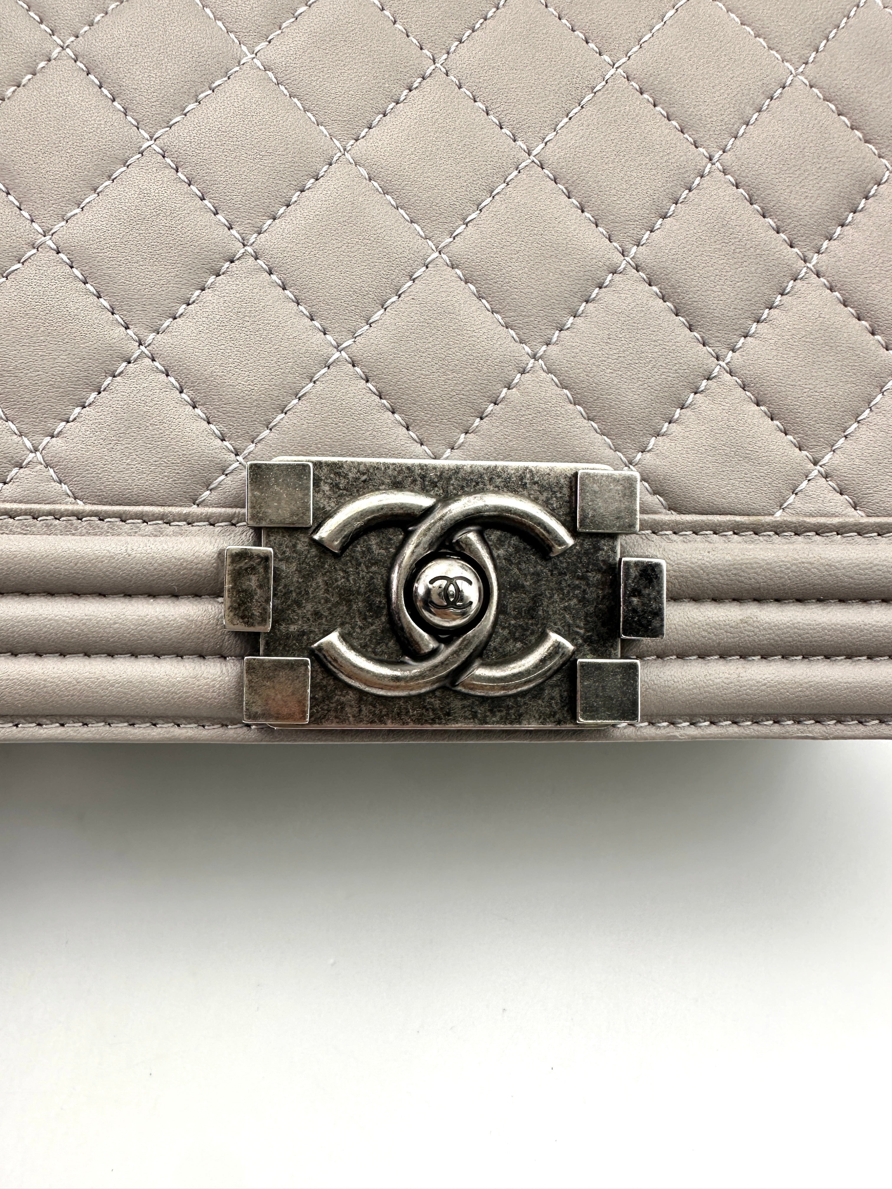 Chanel LeBoy Grey Quilted Leather Medium Size Flap Bag With Silver Buckle(18***23) CC1922