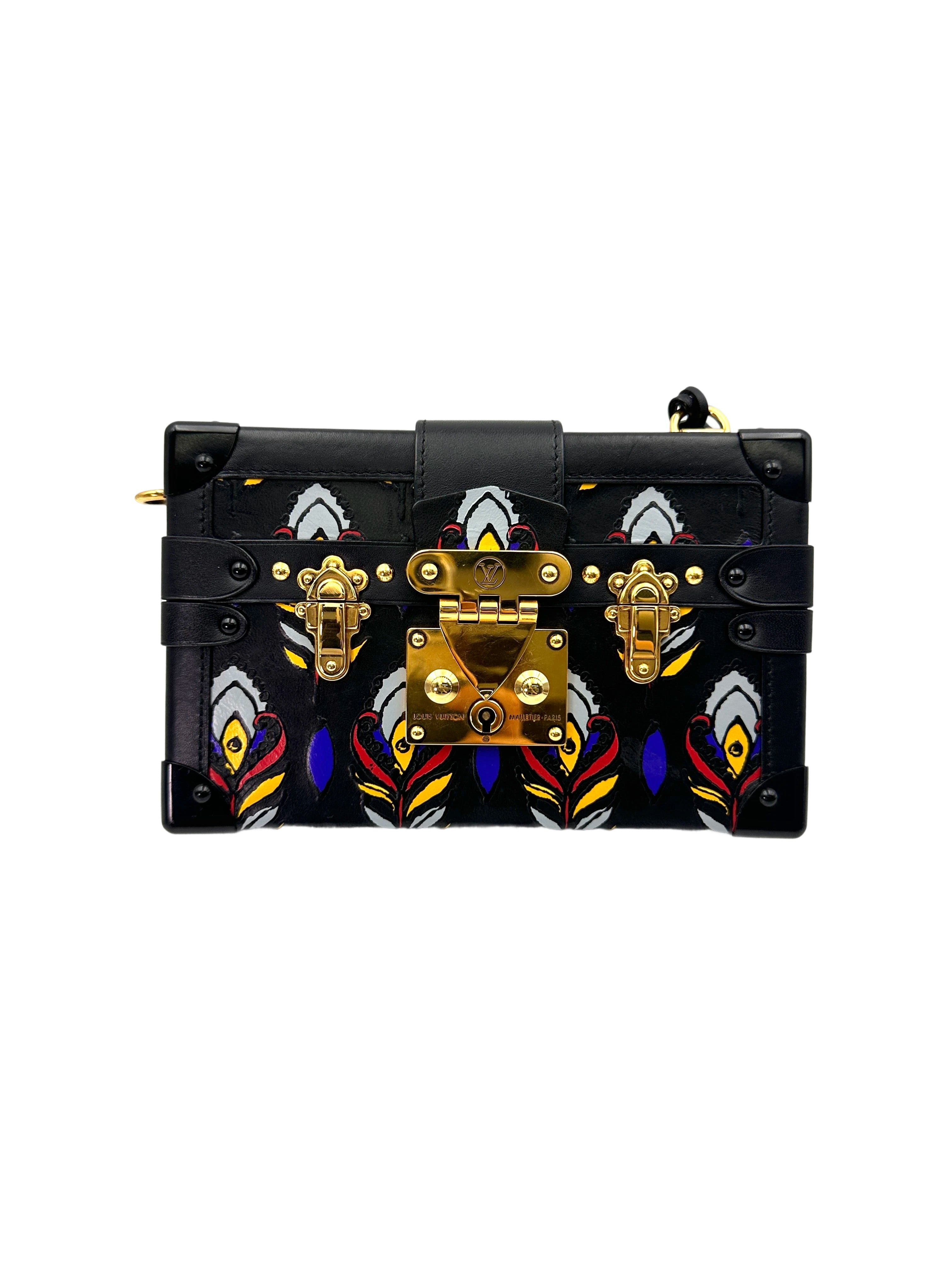 Louis Vuitton Petite Malle Black Leather Peacock Feather Shoulder Bag IRIS209