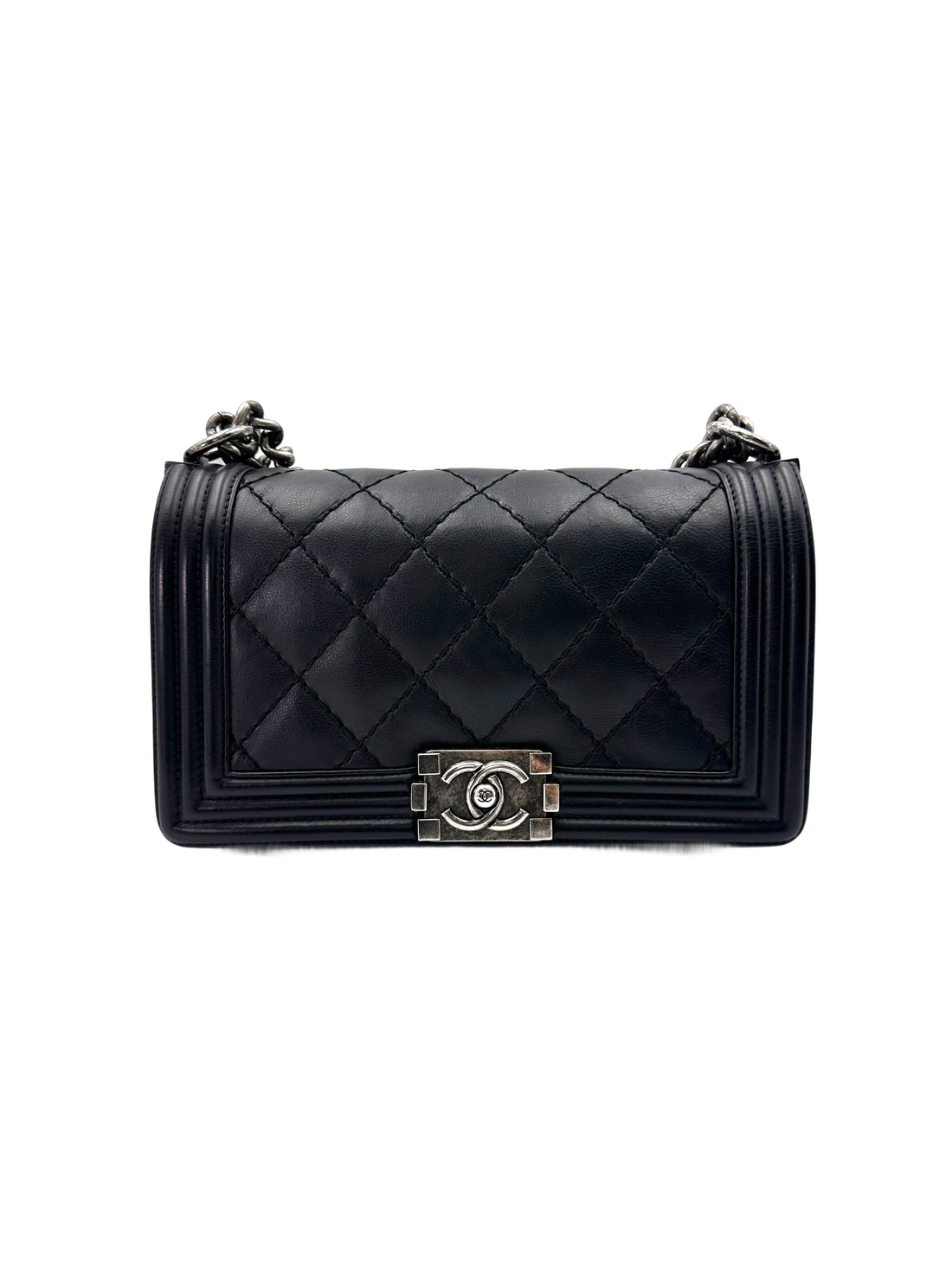 Chanel LeBoy Navy Quilted Leather Medium Size Flap Bag With Silver Buckle(23***81) CC1925