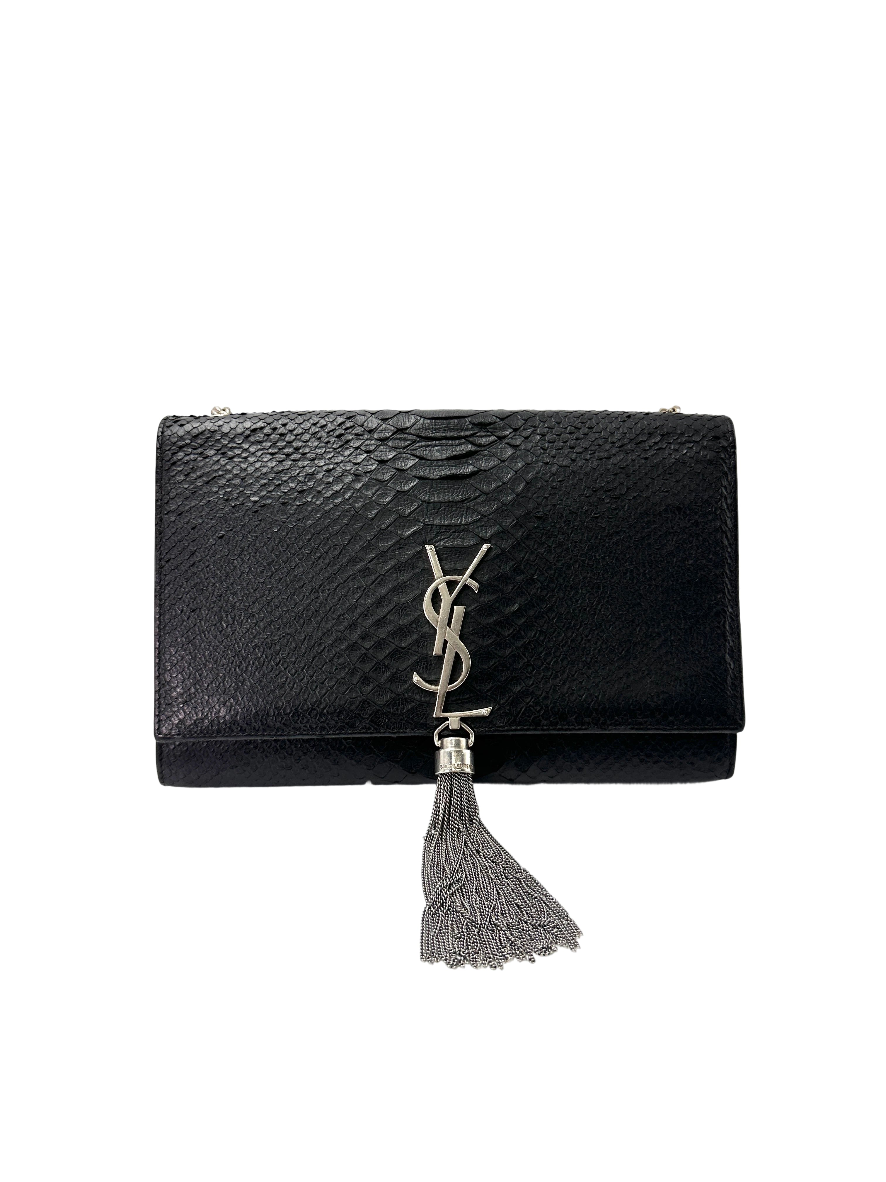 Saint Laurent Kate Tassel Black Python Embossed Leather Shoulder Bag SL200