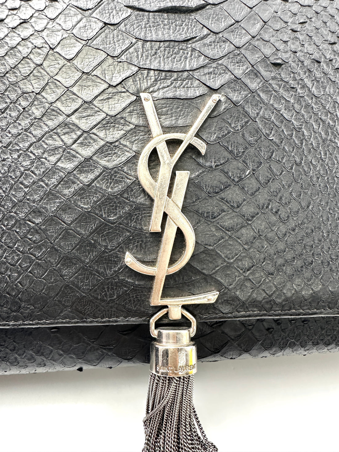 Saint Laurent Kate Tassel Black Python Embossed Leather Shoulder Bag SL200