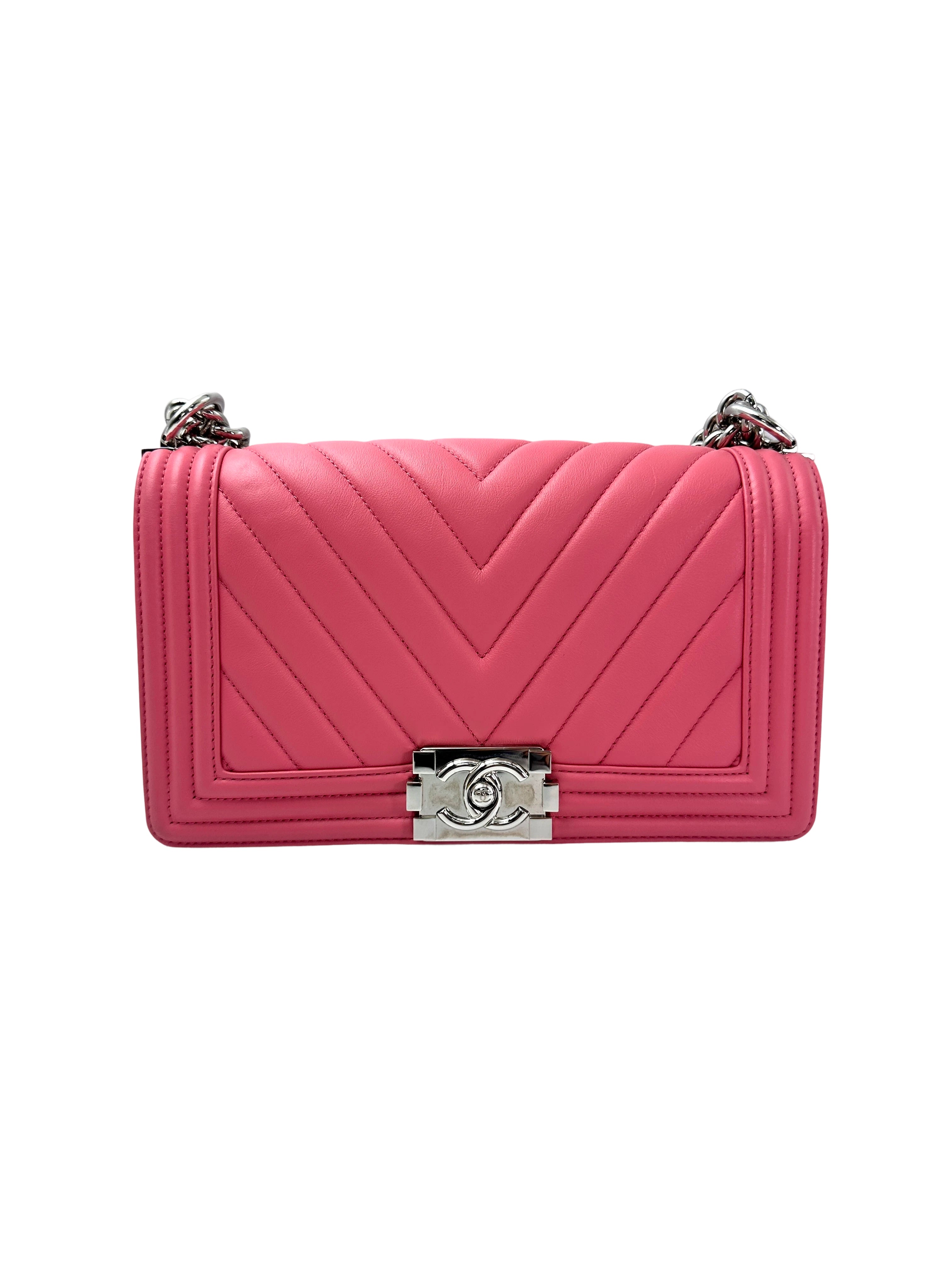 Chanel LeBoy Pink Chevron Quilted Leather Medium Size Flap Bag With Silver Buckle(22***50) CC1932