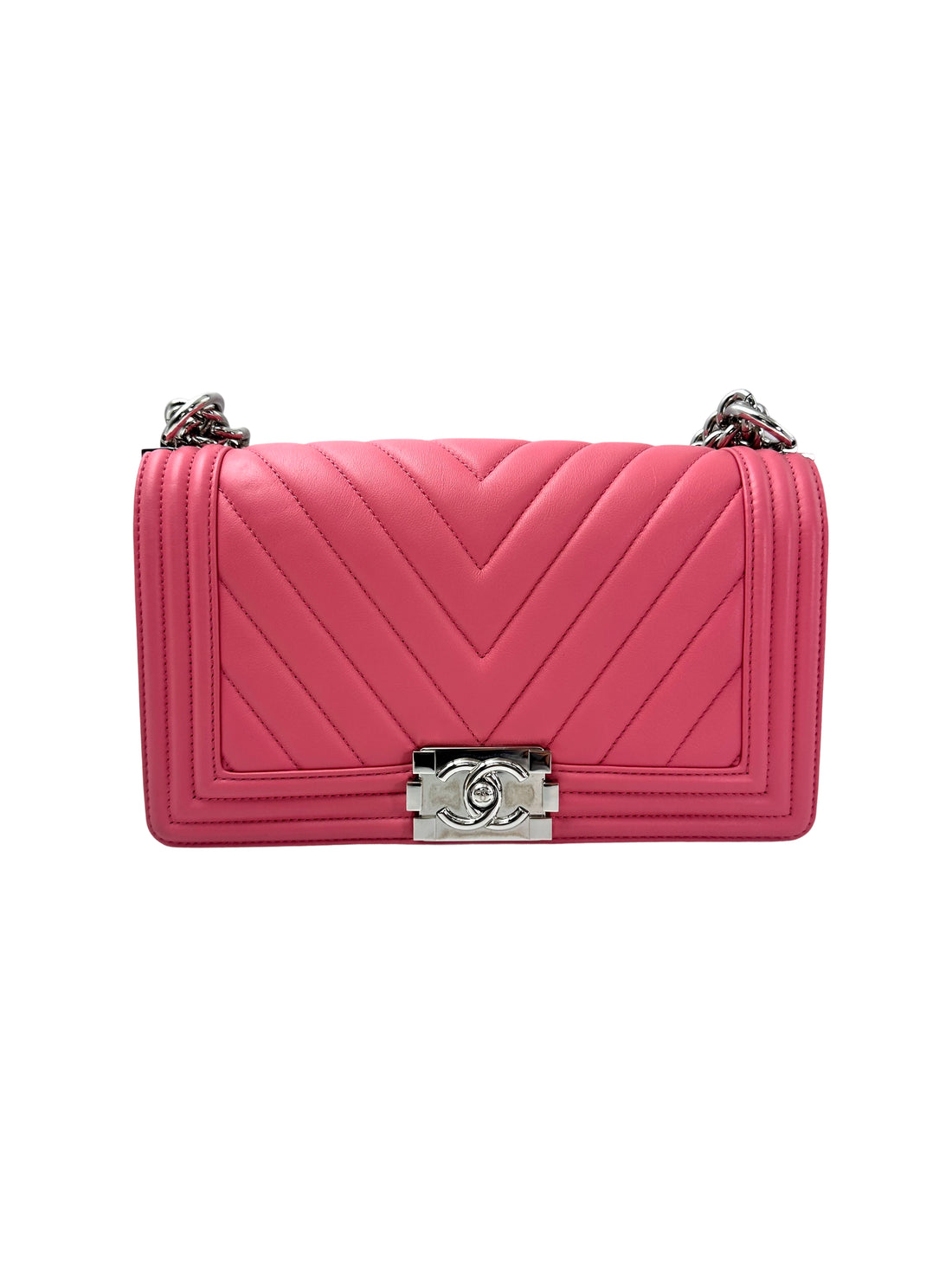 Chanel LeBoy Pink Chevron Quilted Leather Medium Size Flap Bag With Silver Buckle(22***50) CC1932