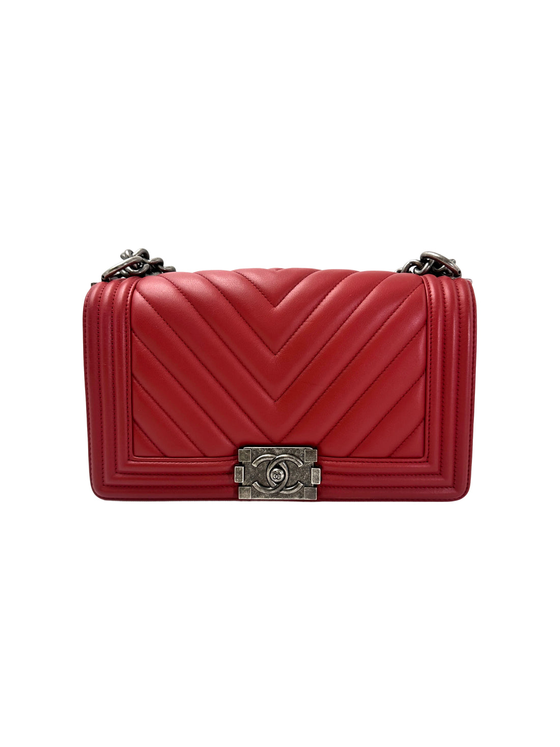 Chanel LeBoy Red Chevron Quilted Leather Medium Size Flap Bag With Silver Buckle(25***15) CC1935