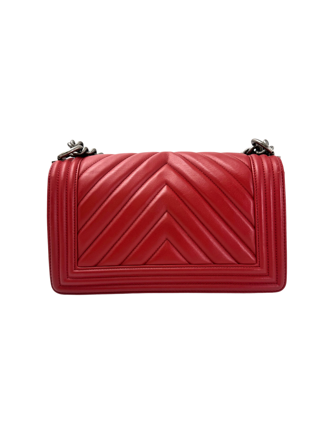 Chanel LeBoy Red Chevron Quilted Leather Medium Size Flap Bag With Silver Buckle(25***15) CC1935