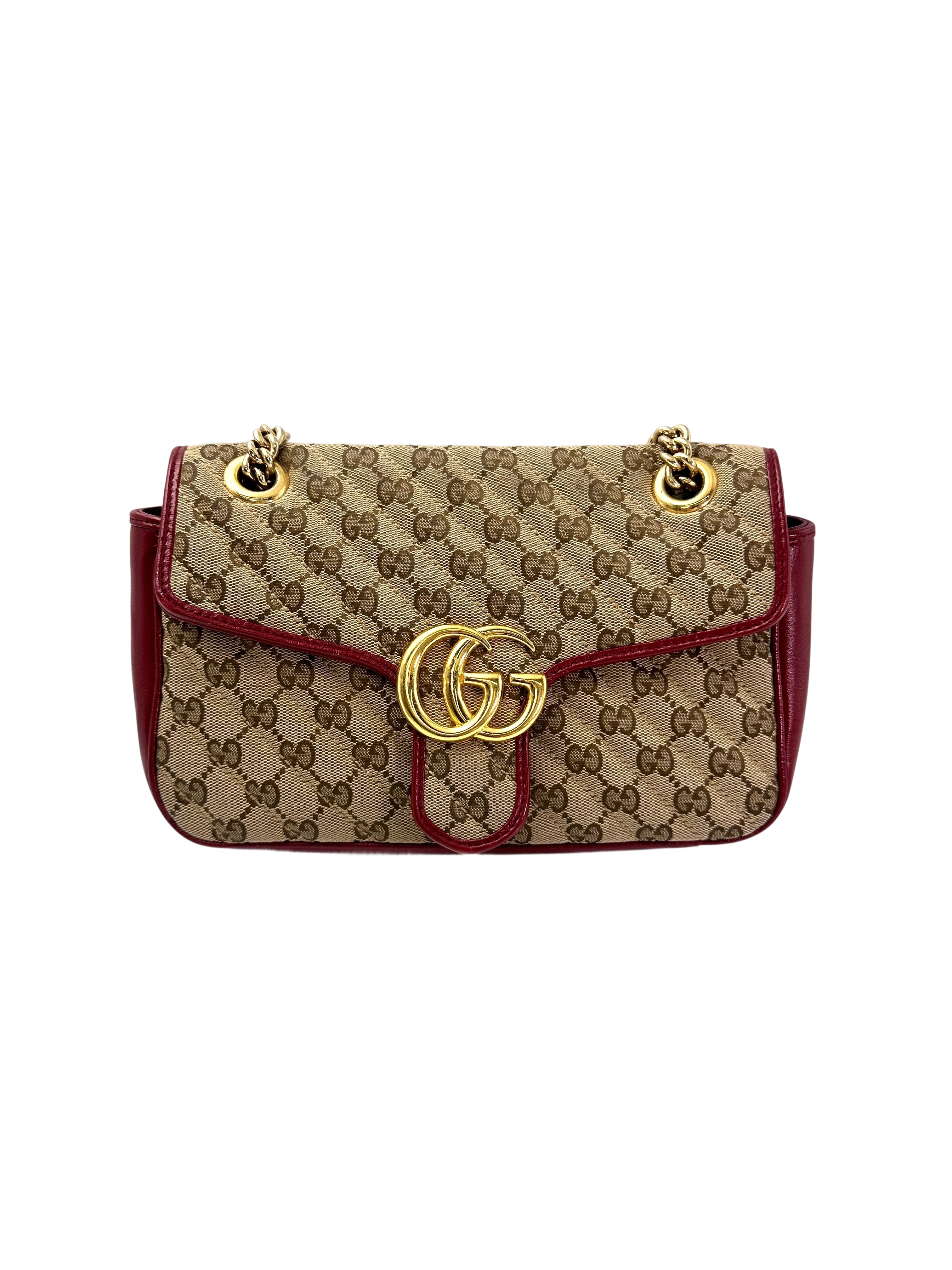 Gucci GG Marmont Beige Canvas Shoulder Bag With Red Trim GG957