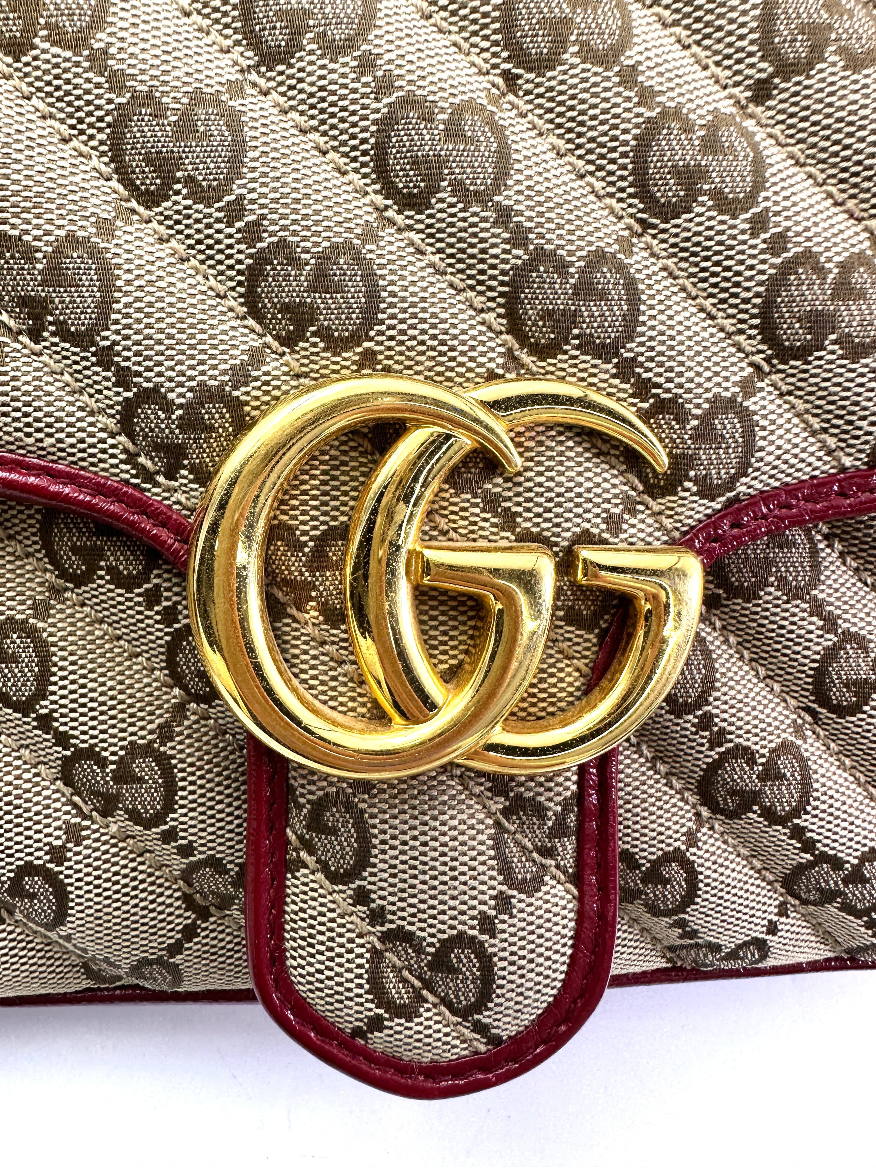 Gucci GG Marmont Beige Canvas Shoulder Bag With Red Trim GG957