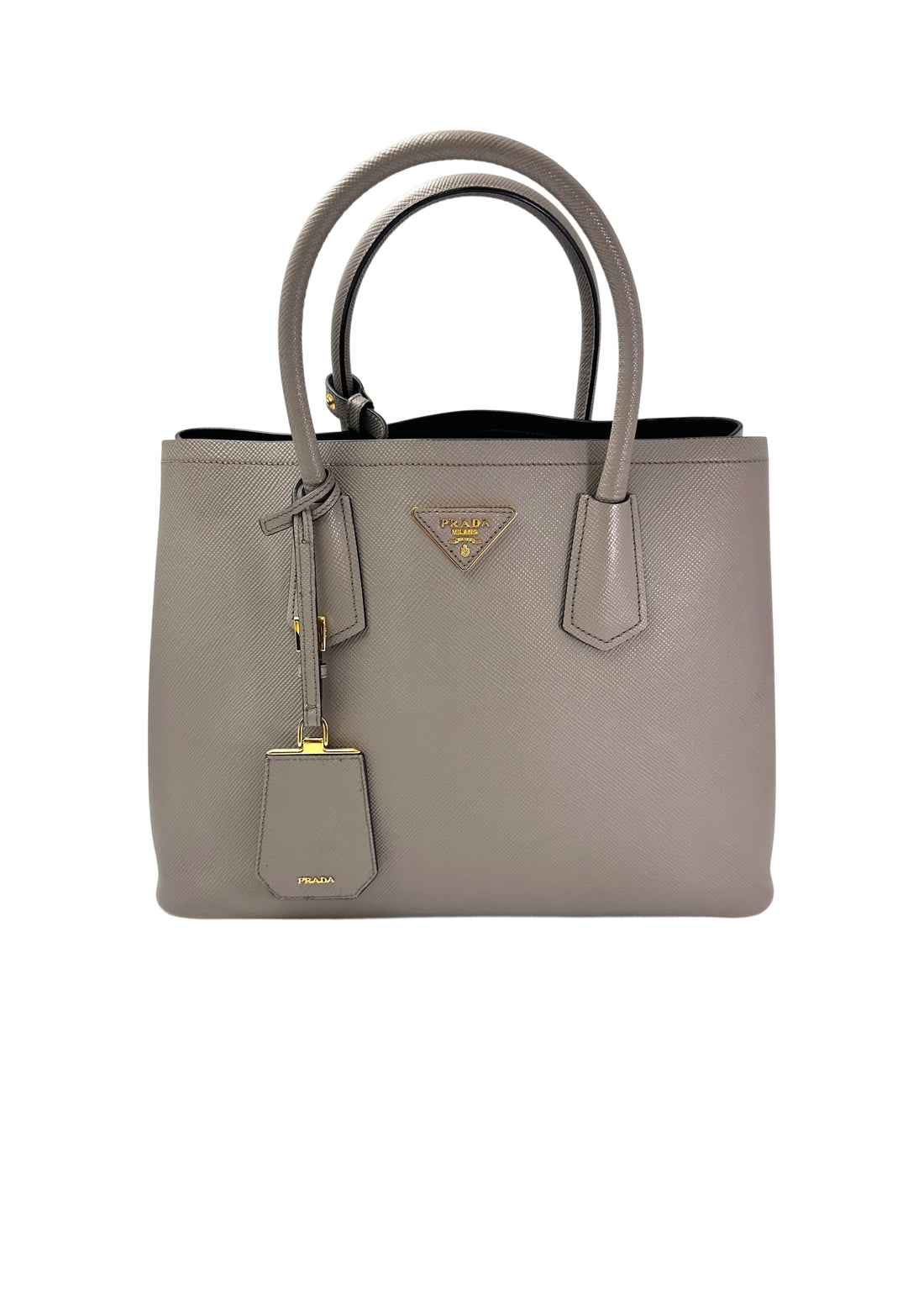 Prada Double Grey Saffiano Cuir Leather Medium Size Handle Bag PR317
