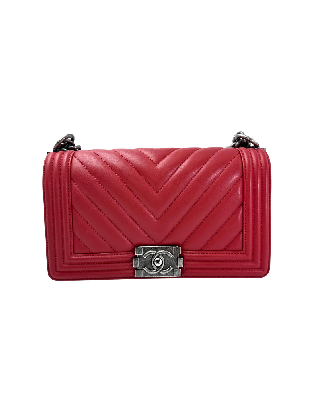Chanel LeBoy Red Chevron Quilted Leather Flap Bag With Silver Buckle(25***10) CC1937