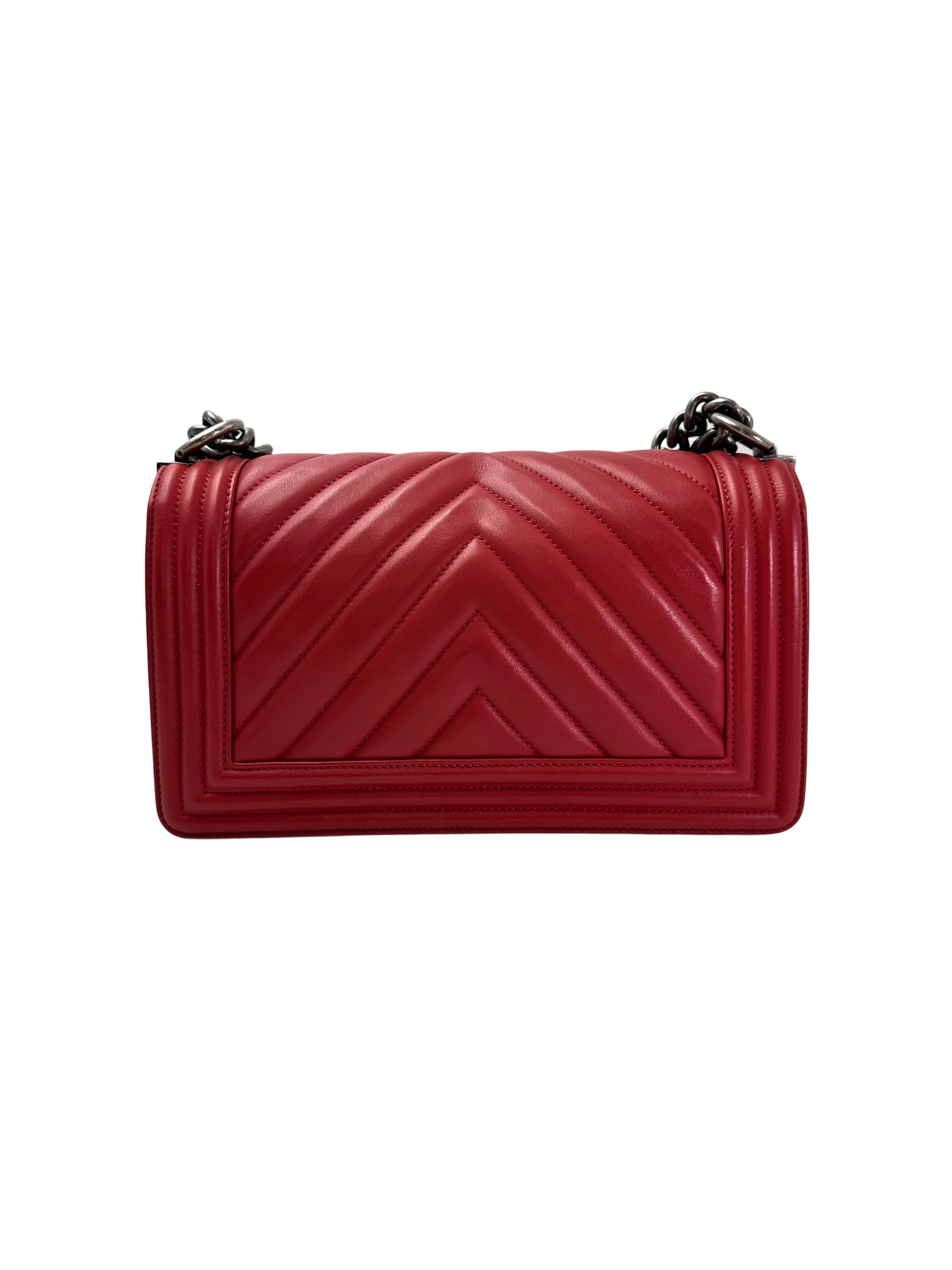 Chanel LeBoy Red Chevron Quilted Leather Flap Bag With Silver Buckle(25***10) CC1937