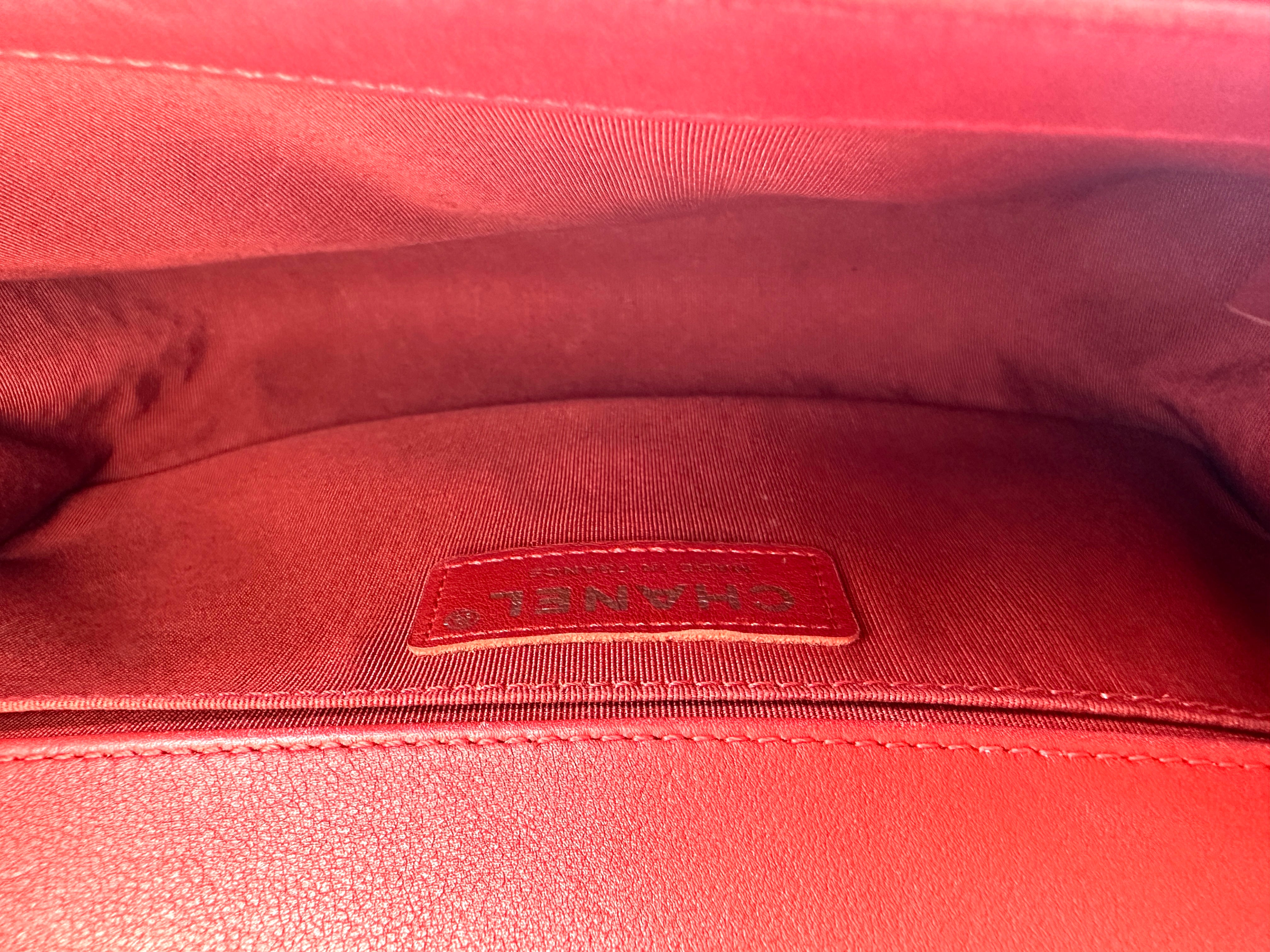 Chanel LeBoy Red Chevron Quilted Leather Flap Bag With Silver Buckle(25***10) CC1937