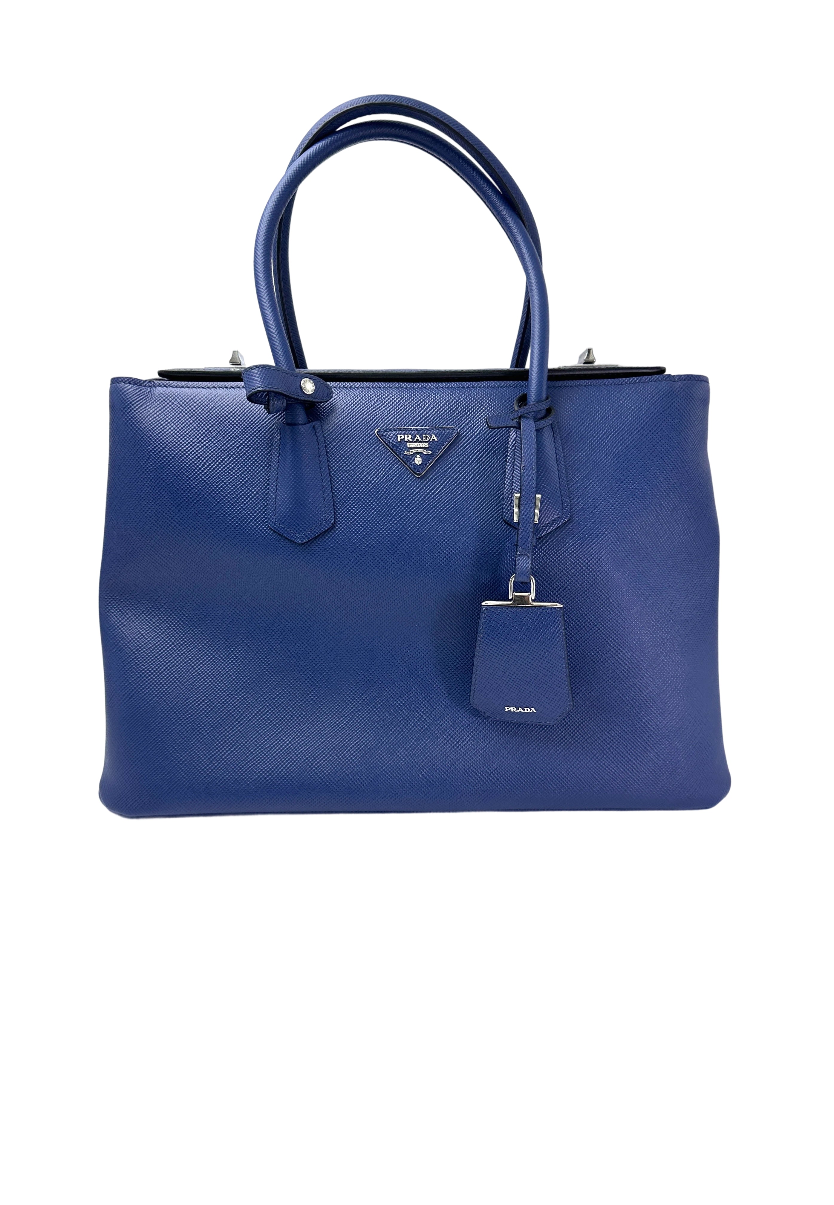 Prada Double Blue Saffiano Cuir Leather Handle Bag PR318-1