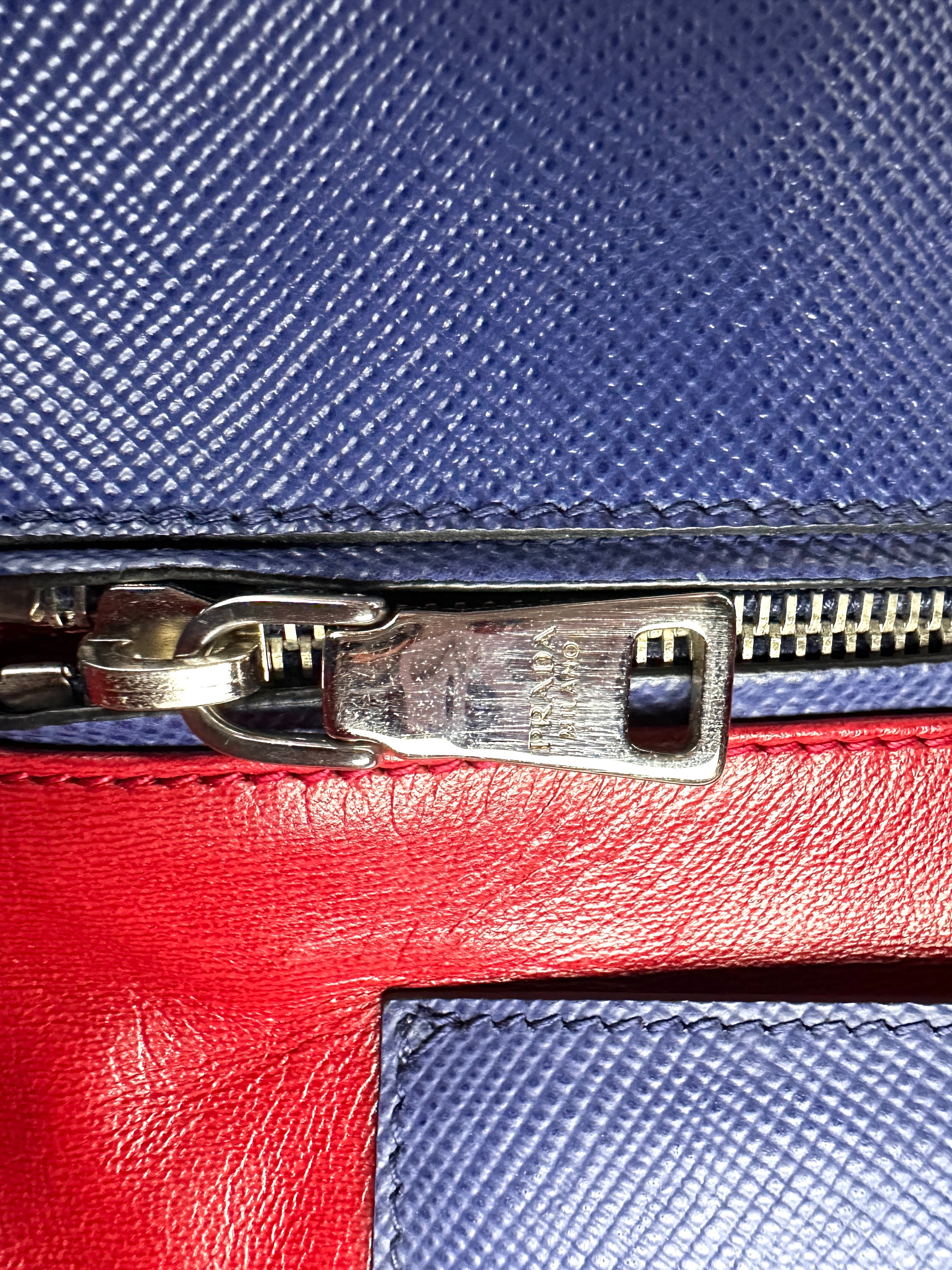 Prada Double Blue Saffiano Cuir Leather Handle Bag PR318-1