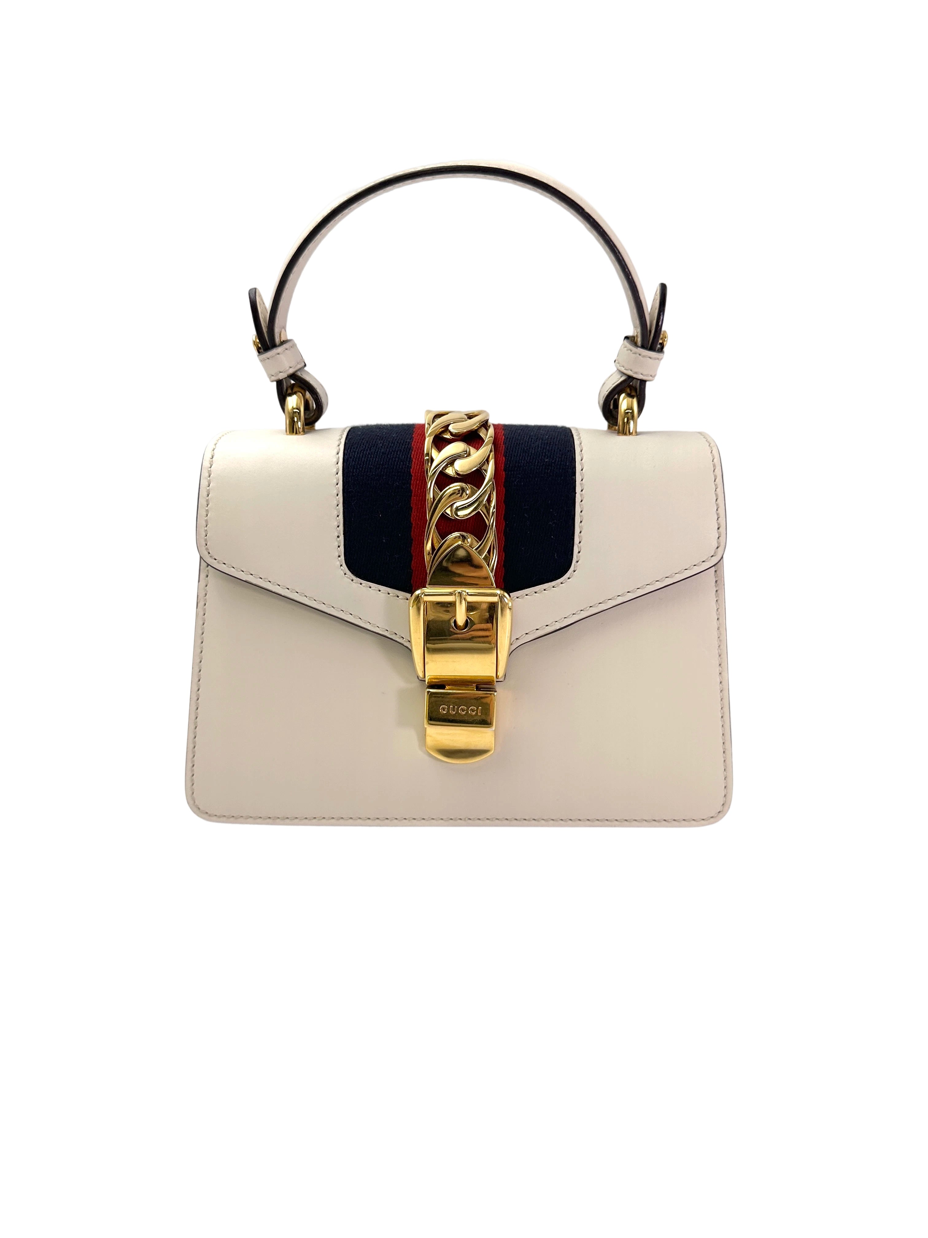 Gucci Sylvie White Leather Top Handle Bag GG958