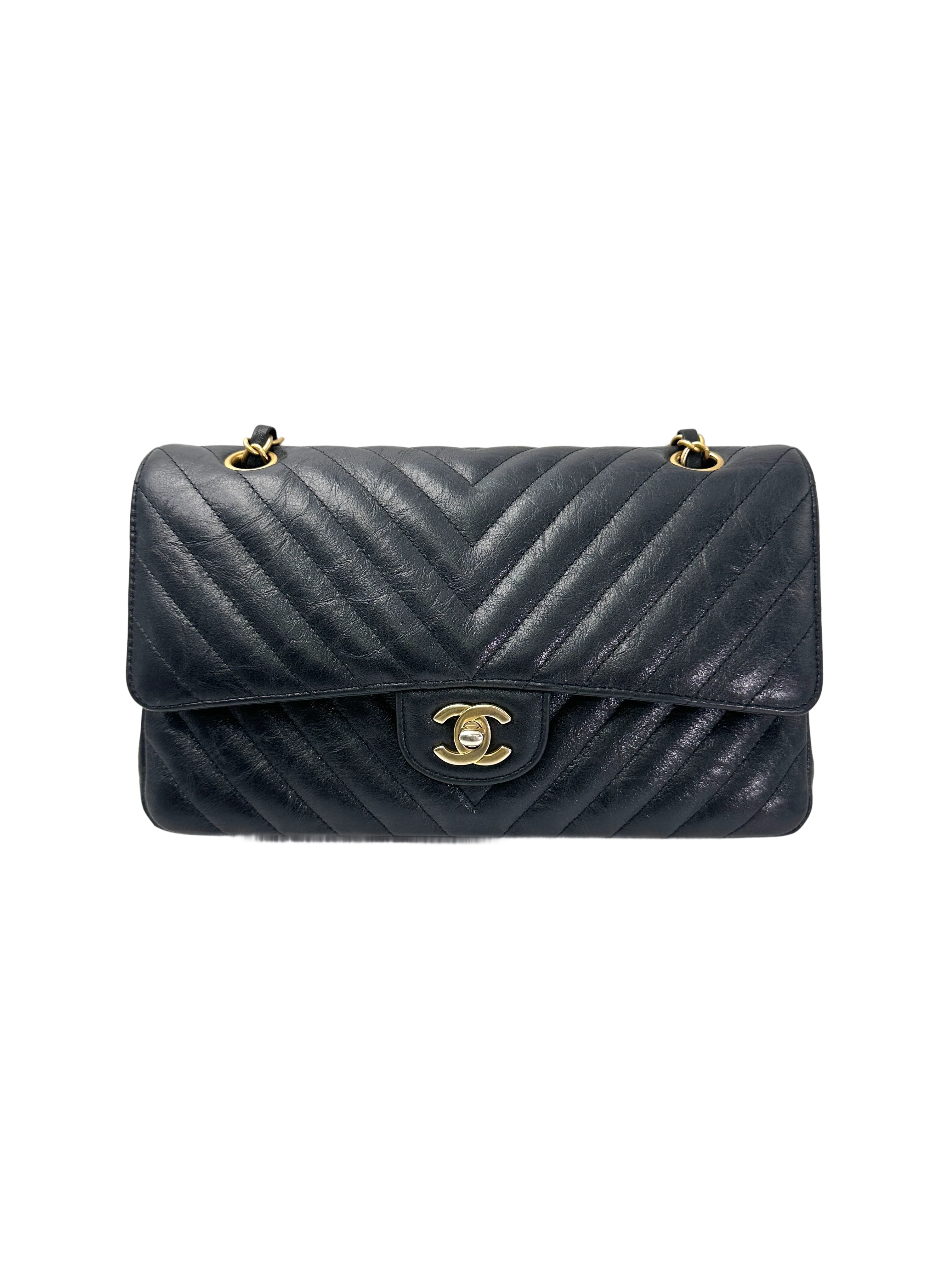 Chanel Classic Flap Black Chevron Quilted Leather Medium Size Shoulder Bag With Gold Buckle(26***50) CC1944