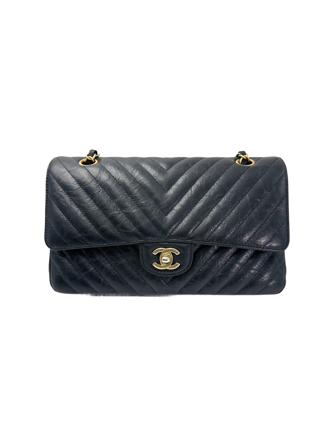 Chanel Classic Flap Black Chevron Quilted Leather Medium Size Shoulder Bag With Gold Buckle(26***50) CC1944