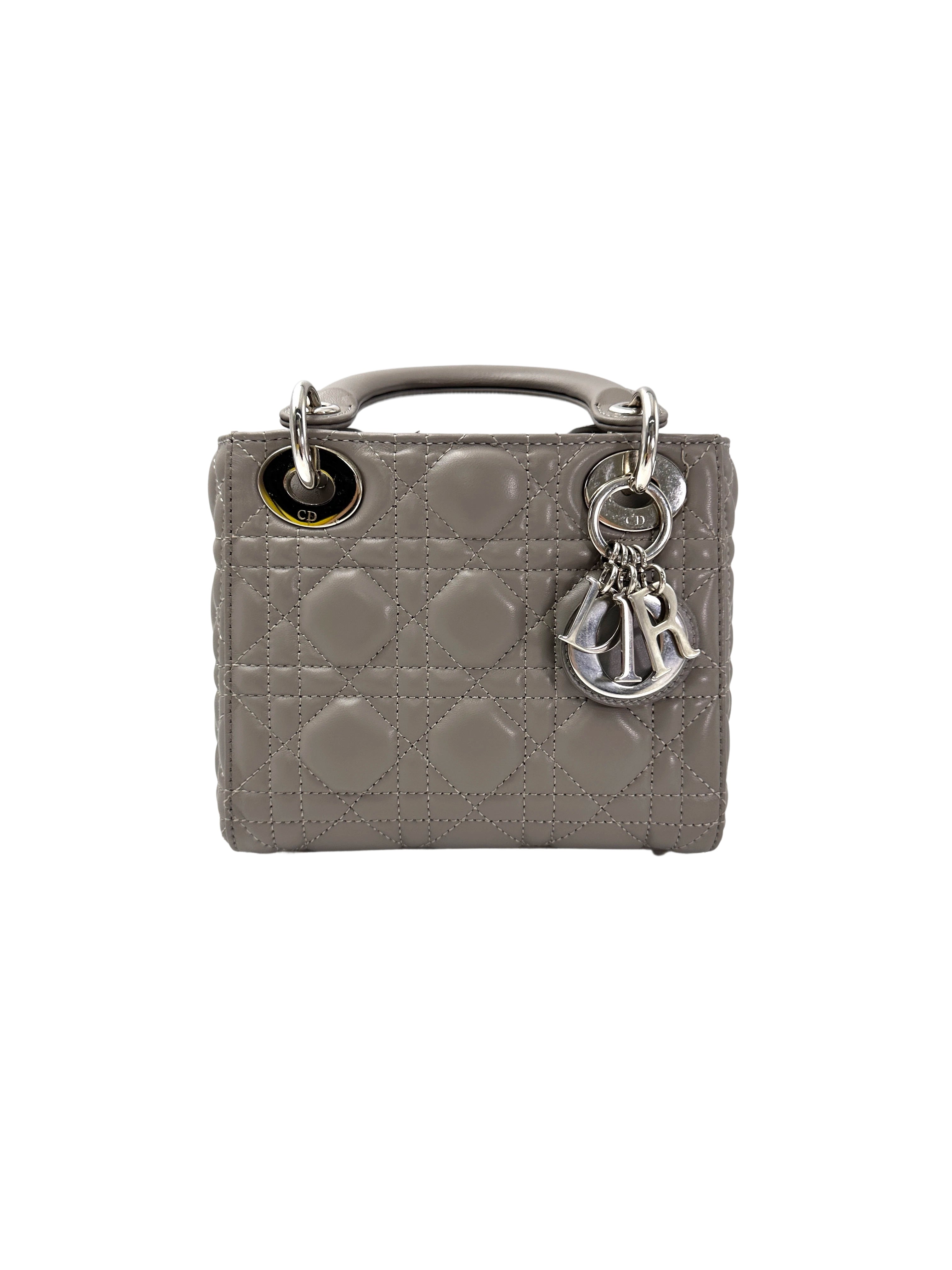 Christian Dior Lady Dior Grey Cannage Lambskin Handle Bag With Silver Buckle DR729