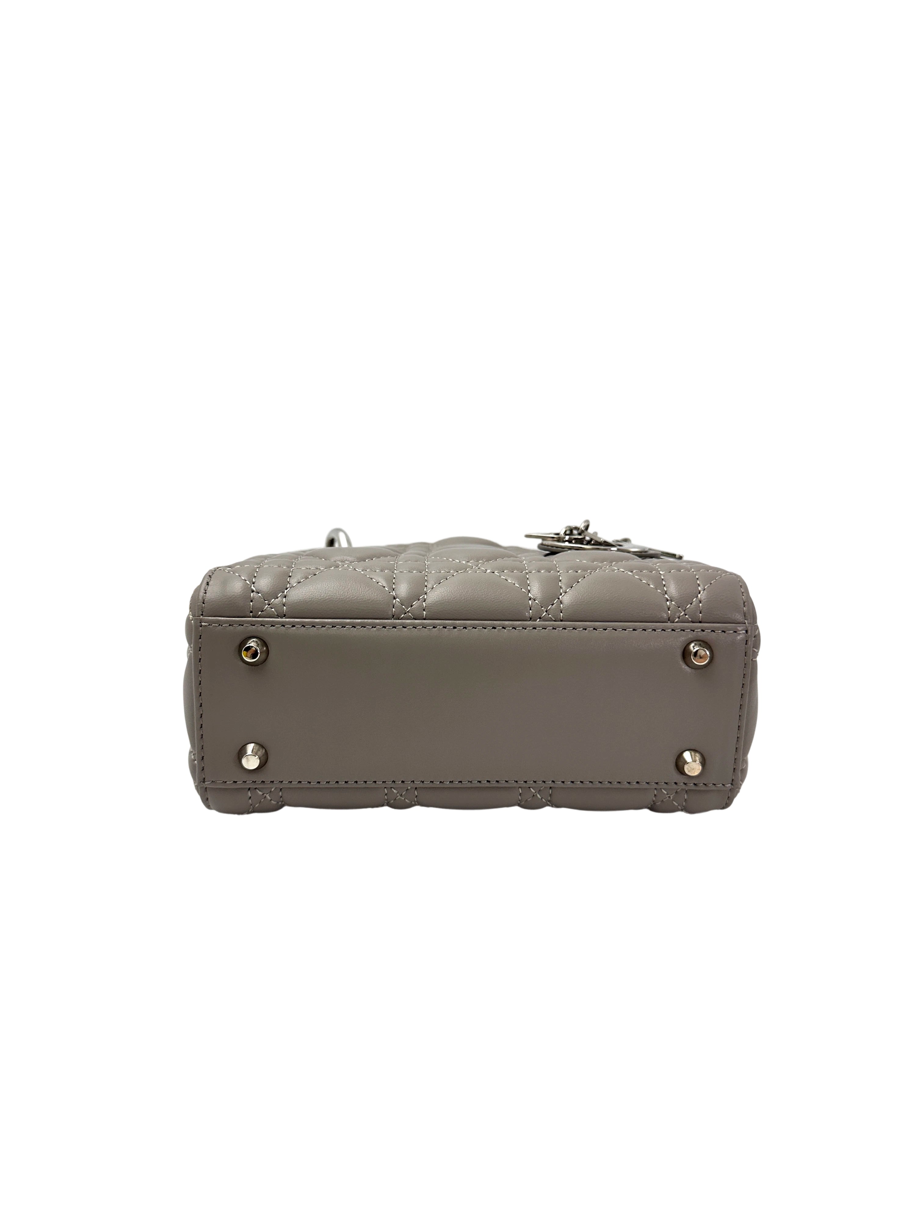 Christian Dior Lady Dior Grey Cannage Lambskin Handle Bag With Silver Buckle DR729