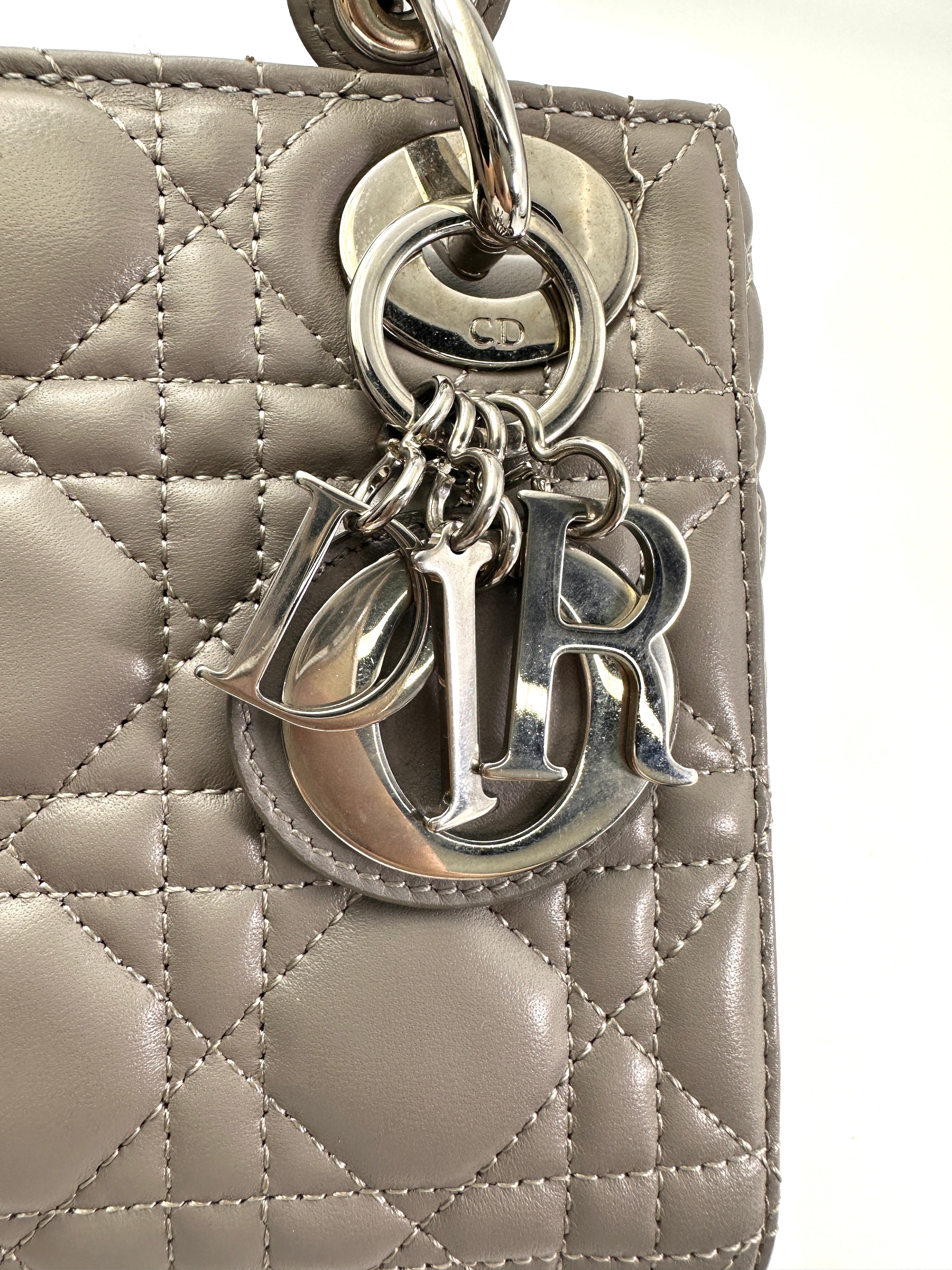 Christian Dior Lady Dior Grey Cannage Lambskin Handle Bag With Silver Buckle DR729
