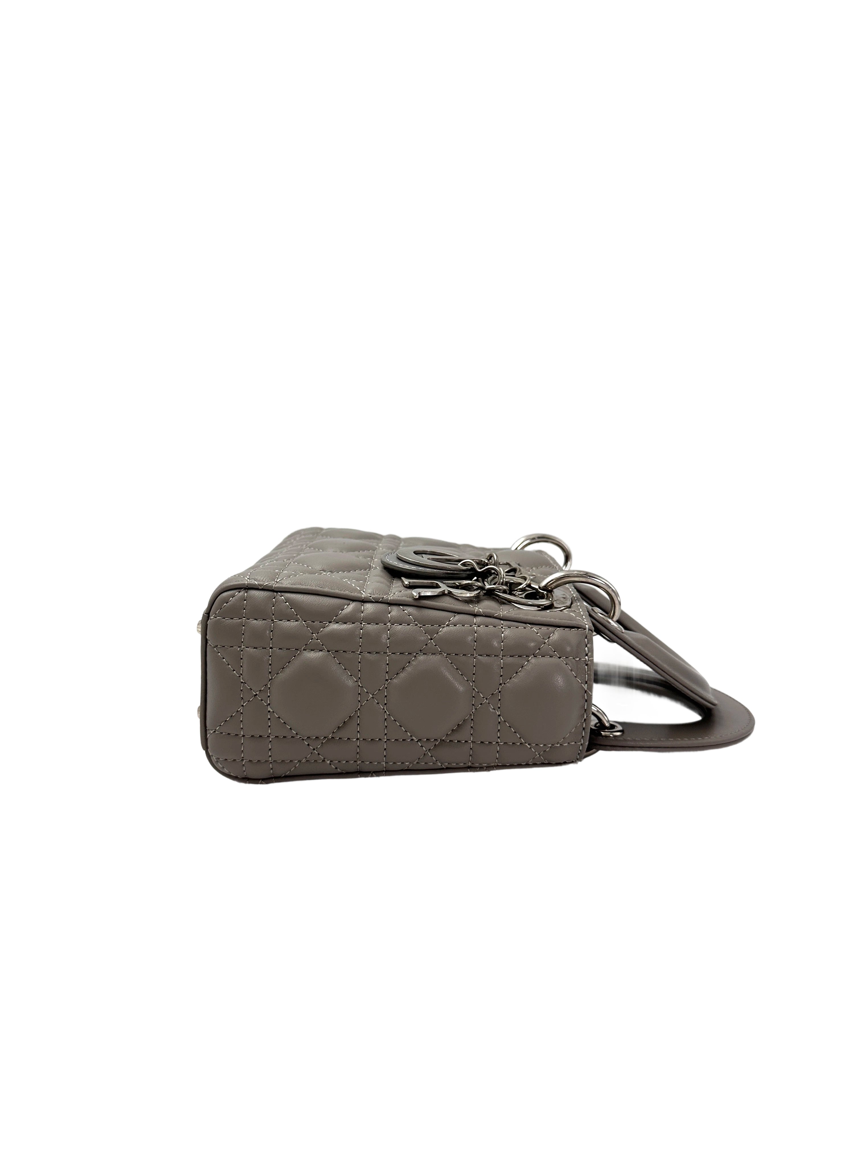 Christian Dior Lady Dior Grey Cannage Lambskin Handle Bag With Silver Buckle DR728