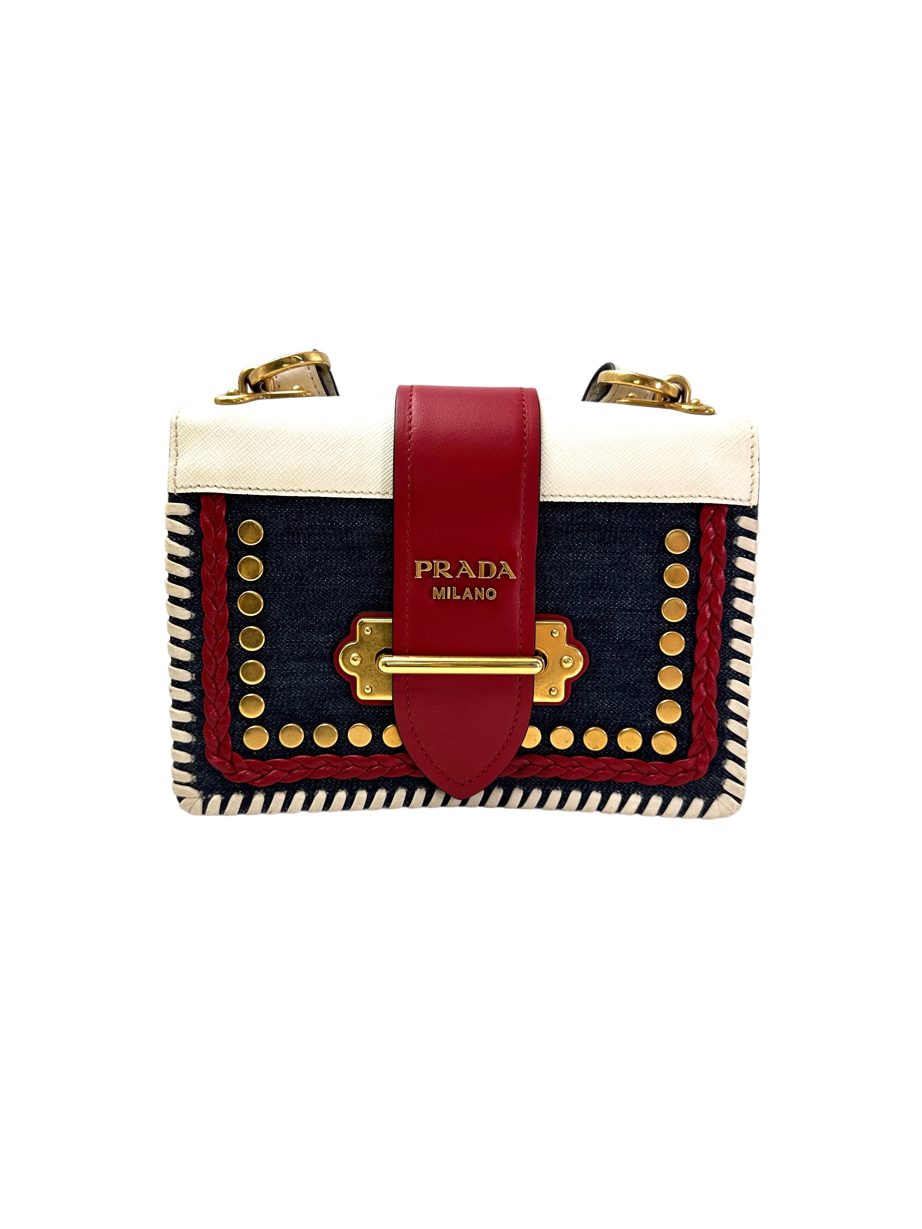 Prada Cahier Denim & Saffiano Leather Shoulder Bag With Gold Hardware PR323