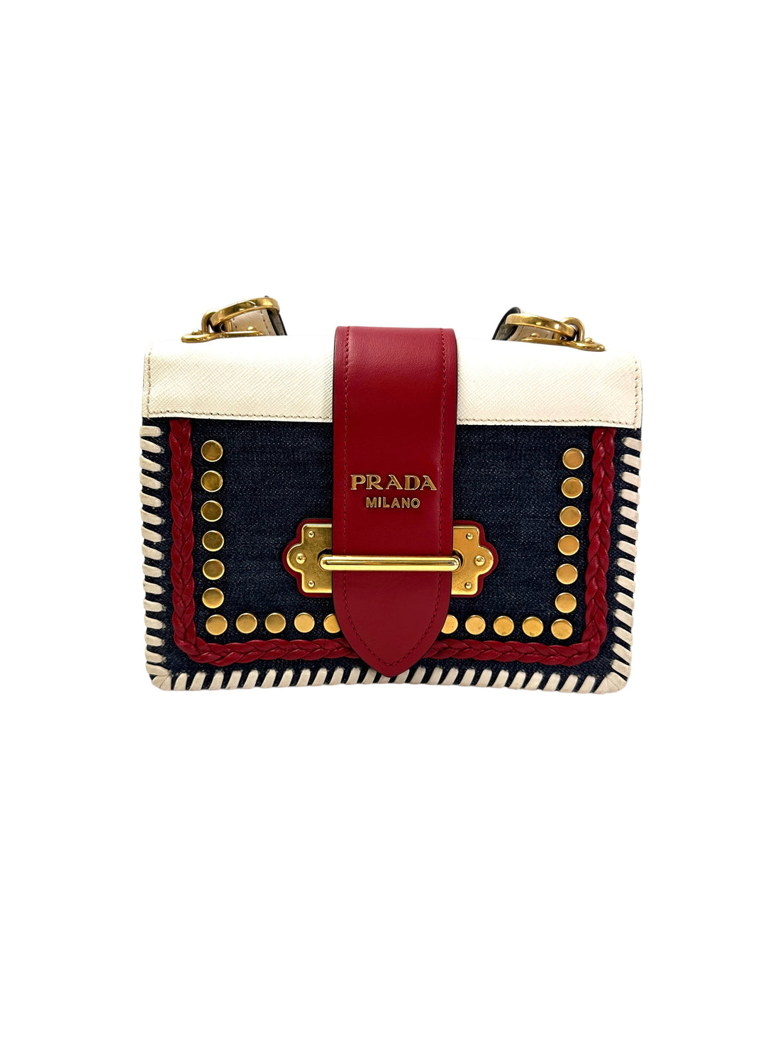 Prada Cahier Denim & Saffiano Leather Shoulder Bag With Gold Hardware PR323